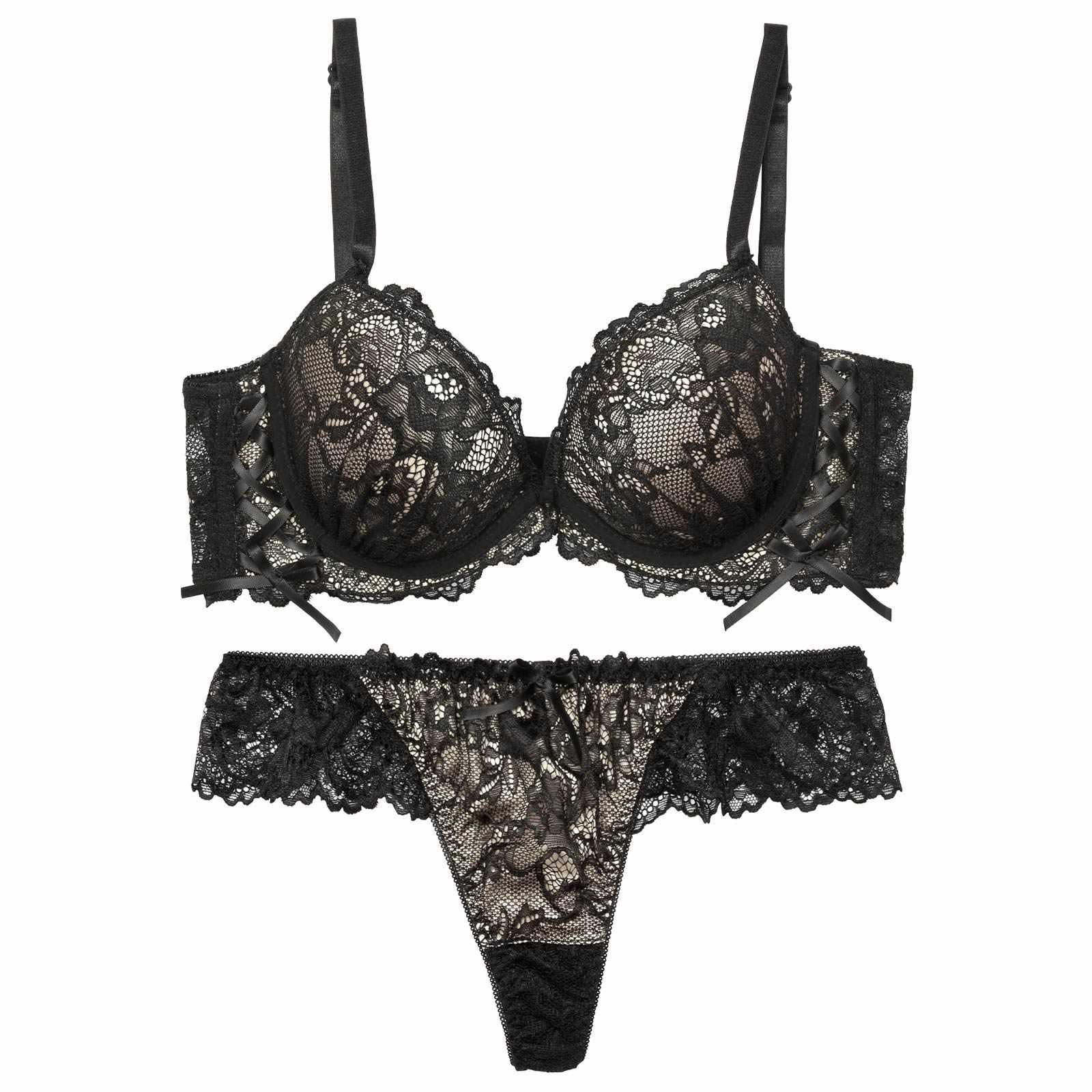 【EFサイズ】ルミナスフラワーレースアップ育乳脇高ブラジャー&バック透けTバックショーツ - 【公式】247Lingerie
