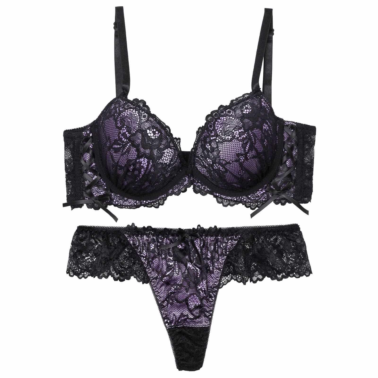 【EFサイズ】ルミナスフラワーレースアップ育乳脇高ブラジャー&バック透けTバックショーツ - 【公式】247Lingerie