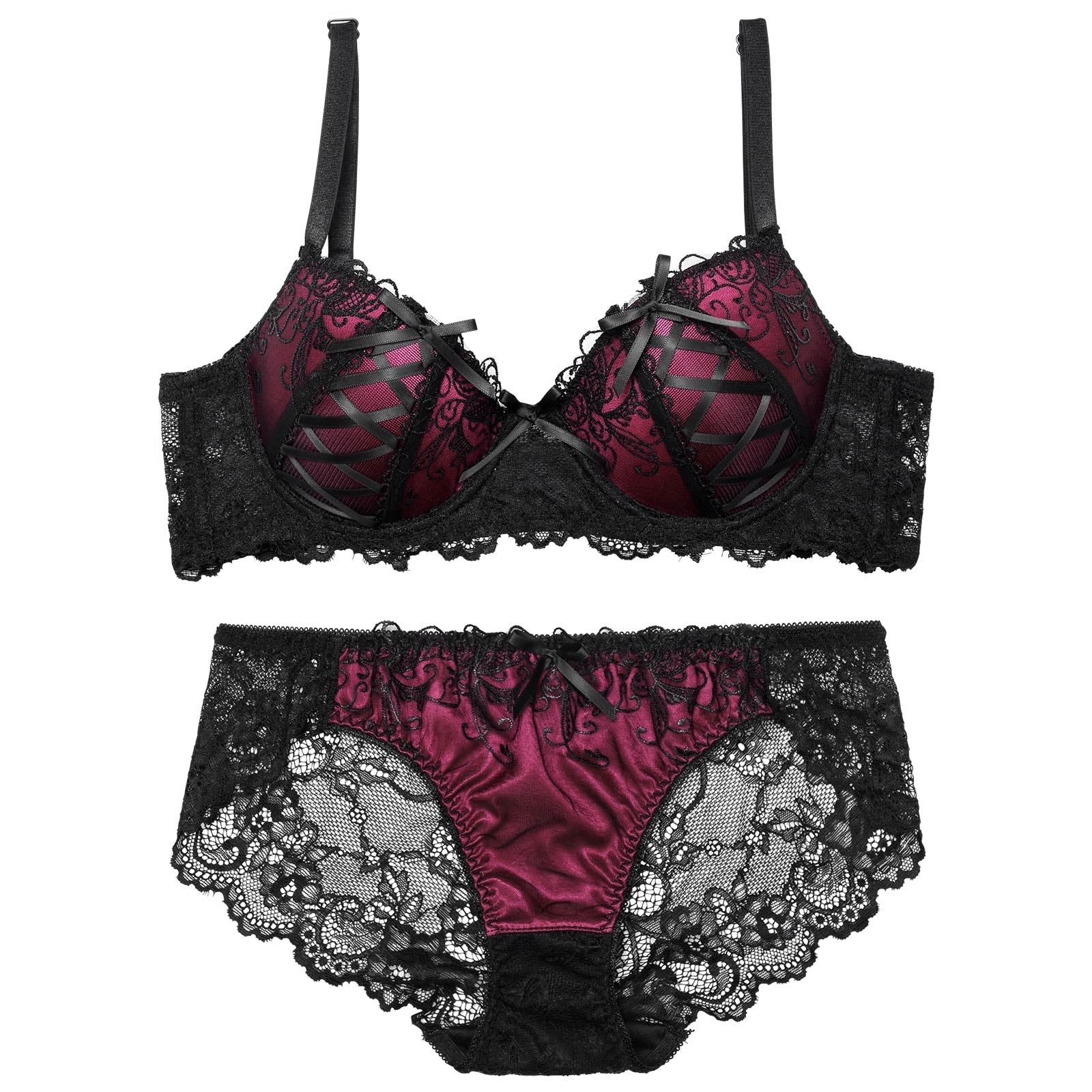 ゴシックスピンドルリボン育乳脇高ブラジャー&バック透けフルバックショーツ