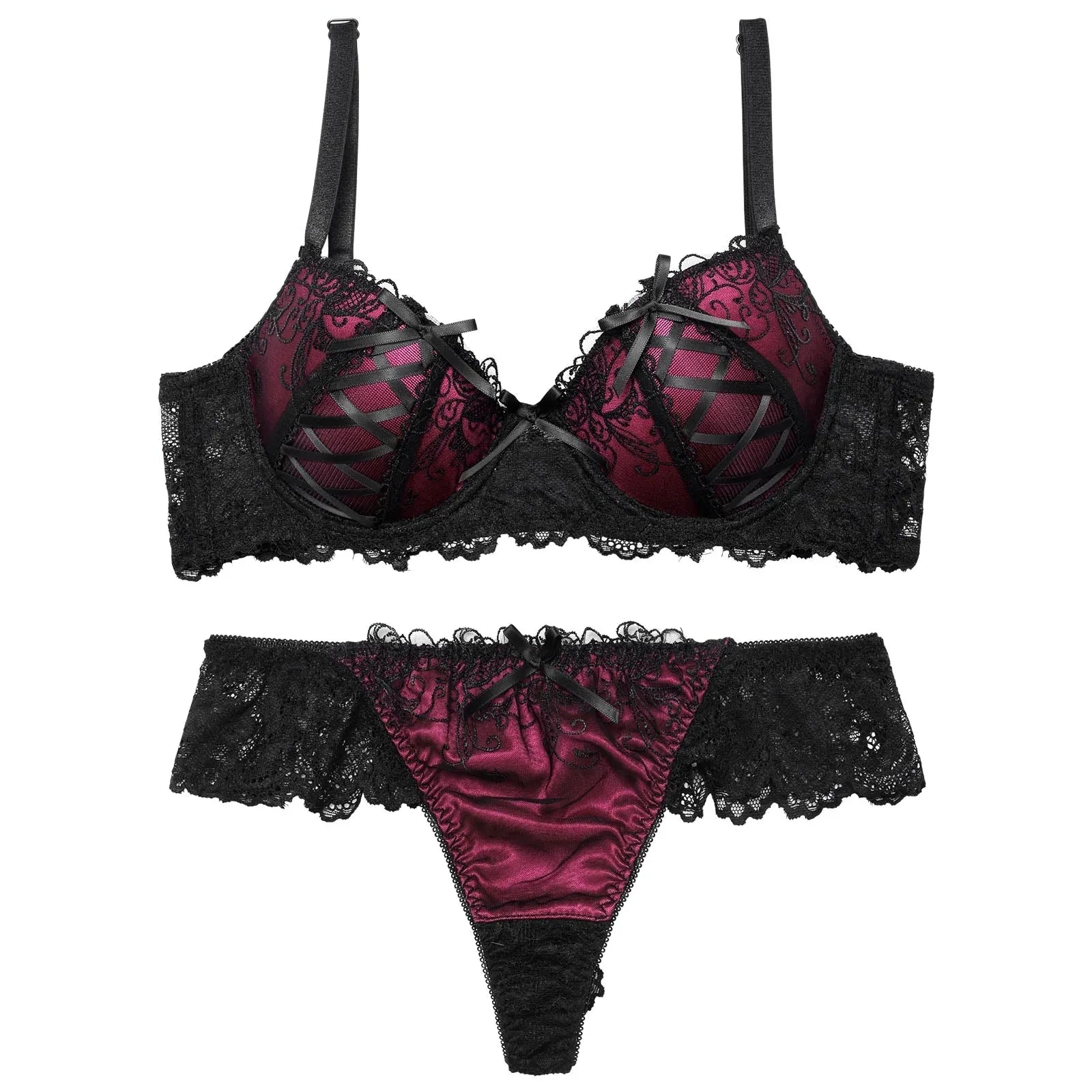 2/17再販!ゴシックスピンドルリボン育乳脇高ブラジャー&バック透けTバックショーツ - 【公式】247Lingerie