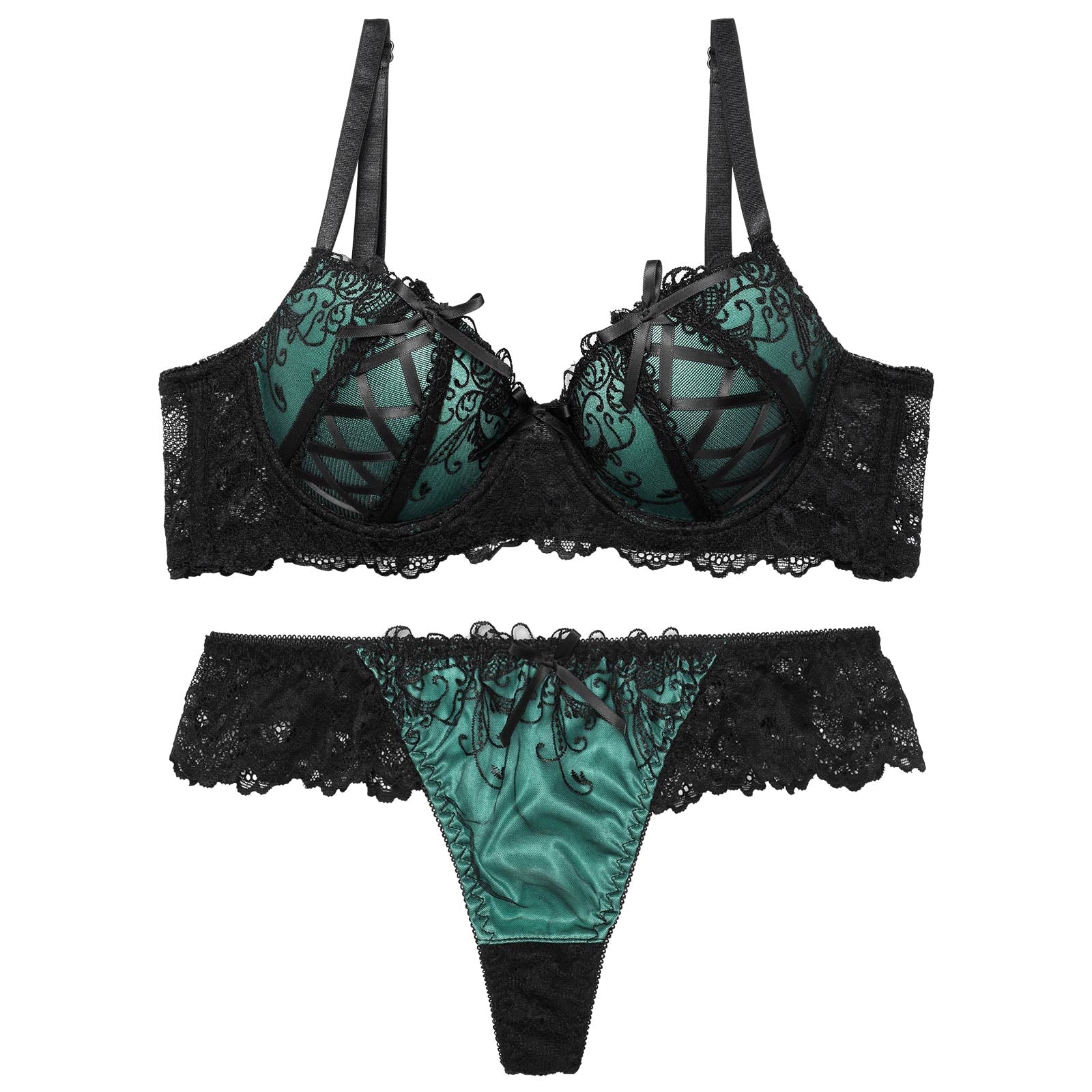 1/17再販!【EFサイズ】ゴシックスピンドルリボン育乳脇高ブラジャー&バック透けTバックショーツ