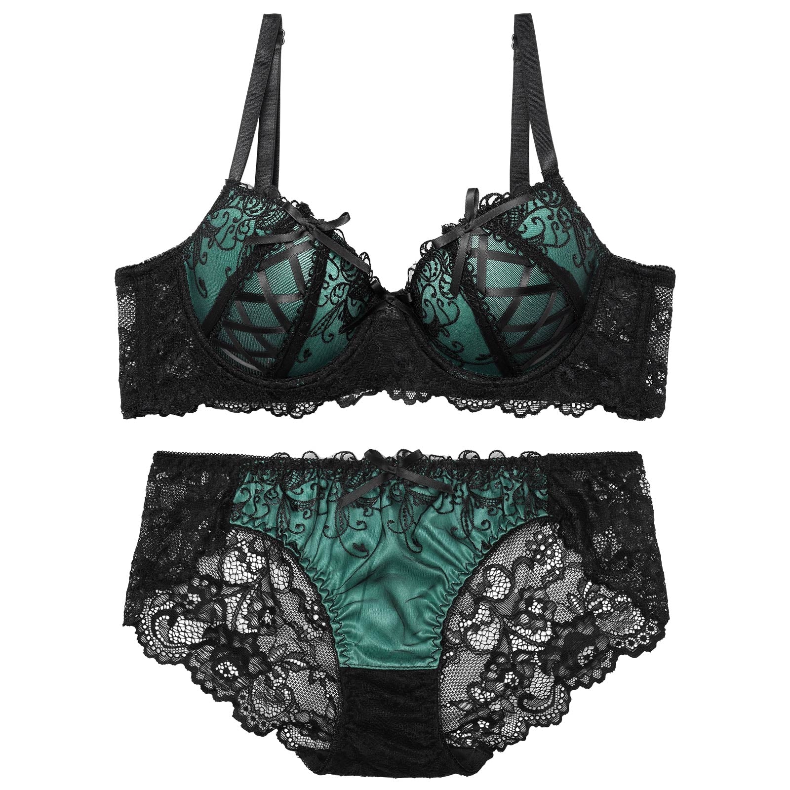 【GHサイズ】ゴシックスピンドルリボン育乳脇高ブラジャー&バック透けフルバックショーツ