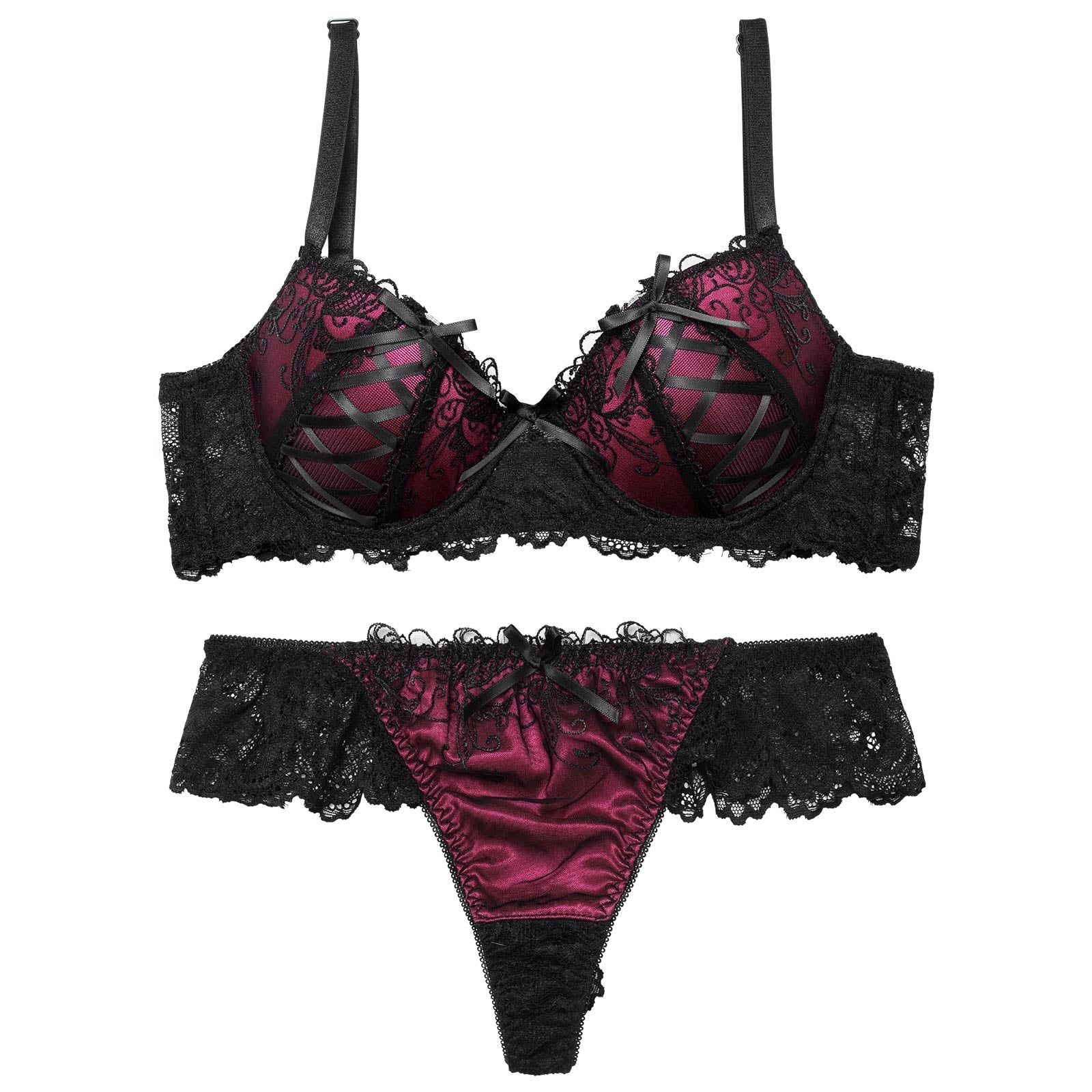 【GHサイズ】ゴシックスピンドルリボン育乳脇高ブラジャー&バック透けTバックショーツ