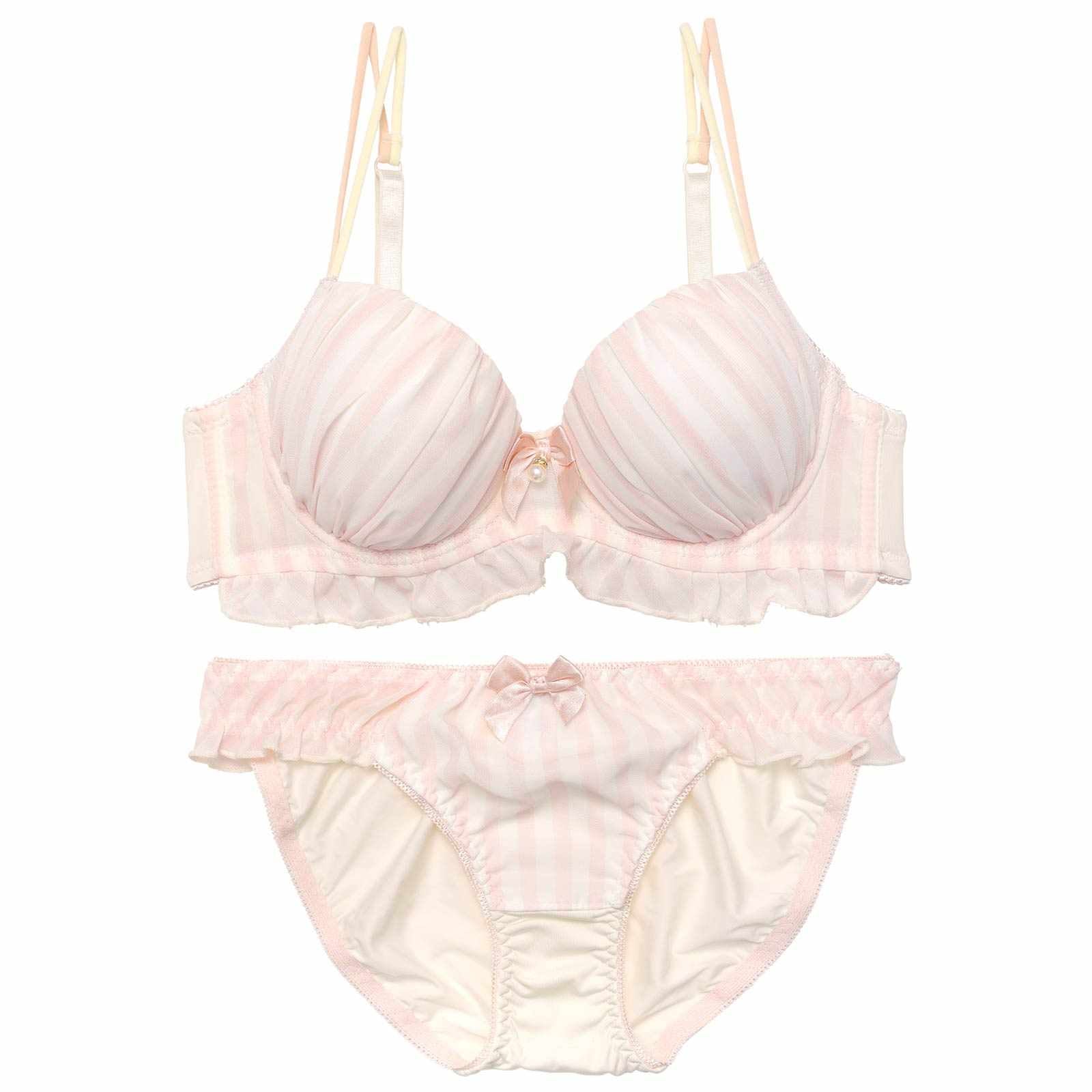 【EFサイズ】キャンディーストライプフリルブラジャー&フルバックショーツ