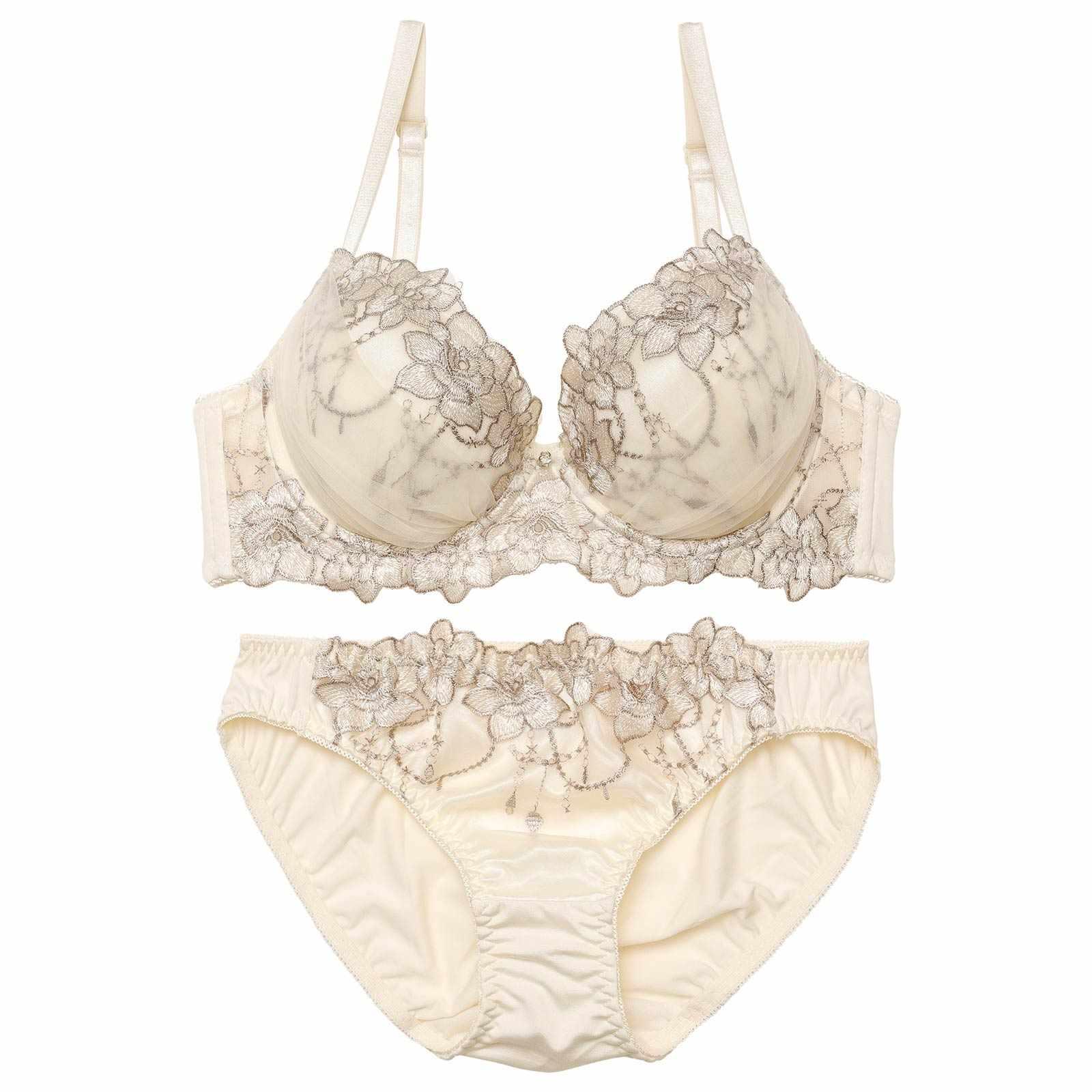 チュールフラワーチャーム育乳脇高ブラジャー&フルバックショーツ - 【公式】247Lingerie