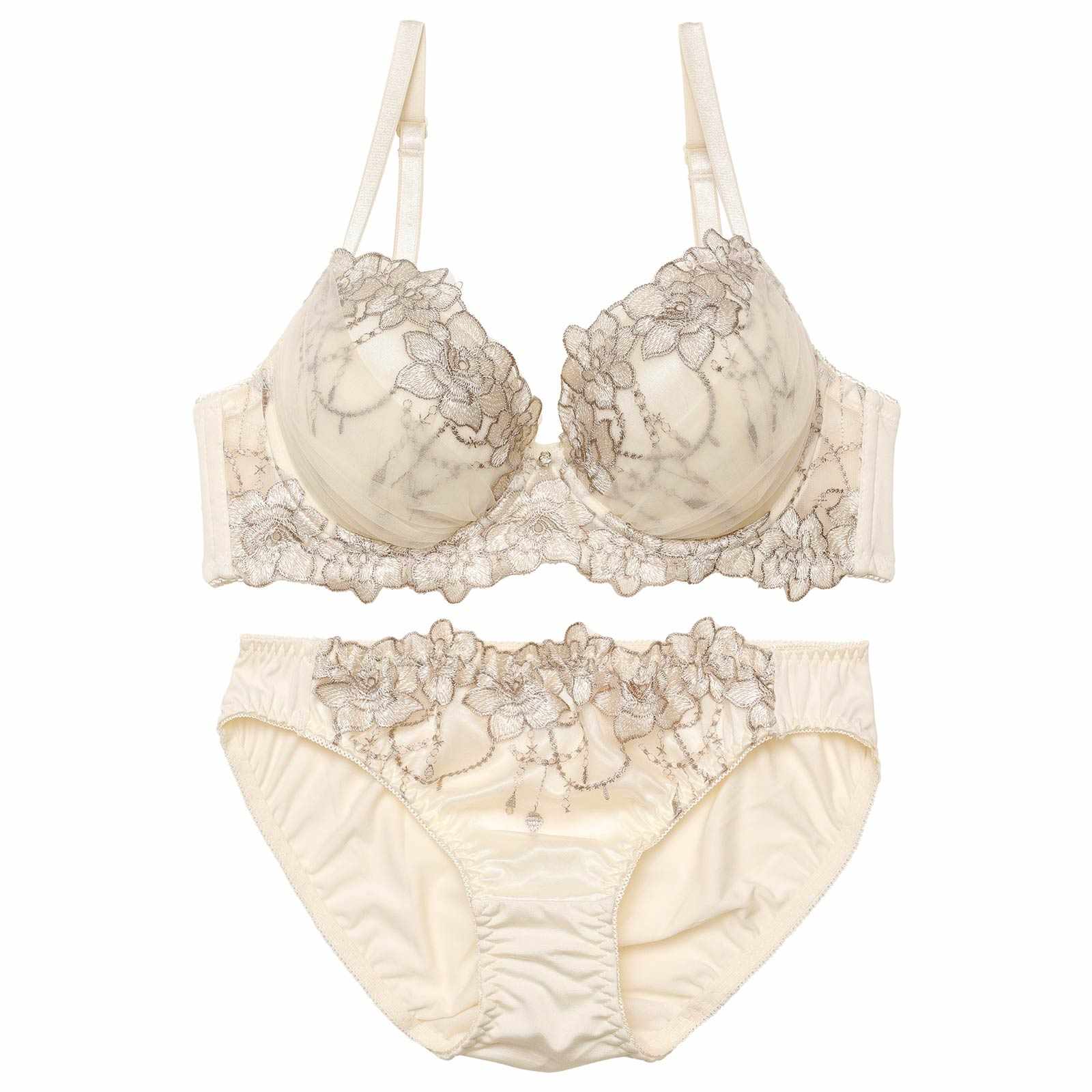【EFサイズ】チュールフラワーチャーム育乳脇高ブラジャー&フルバックショーツ