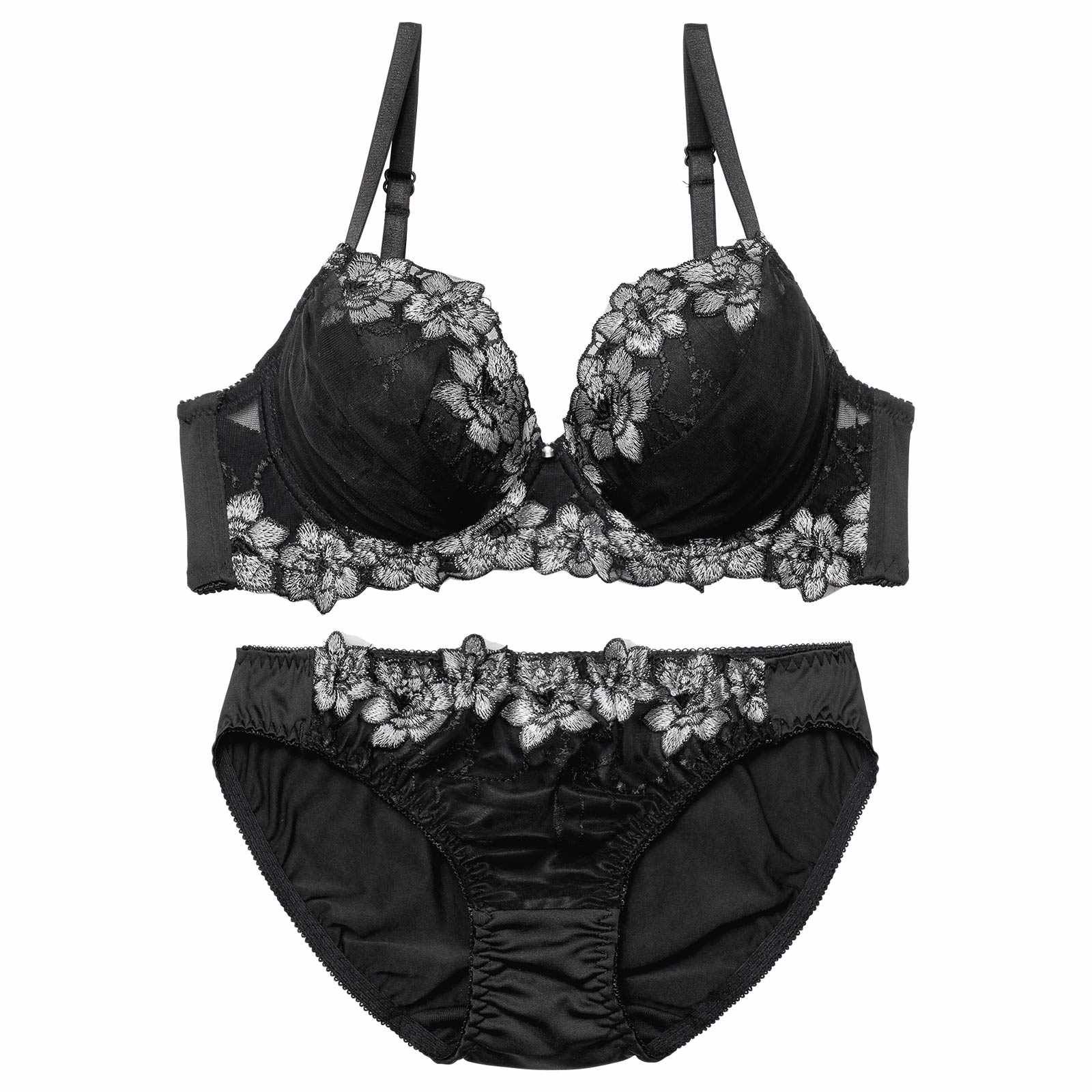 【EFサイズ】チュールフラワーチャーム育乳脇高ブラジャー&フルバックショーツ