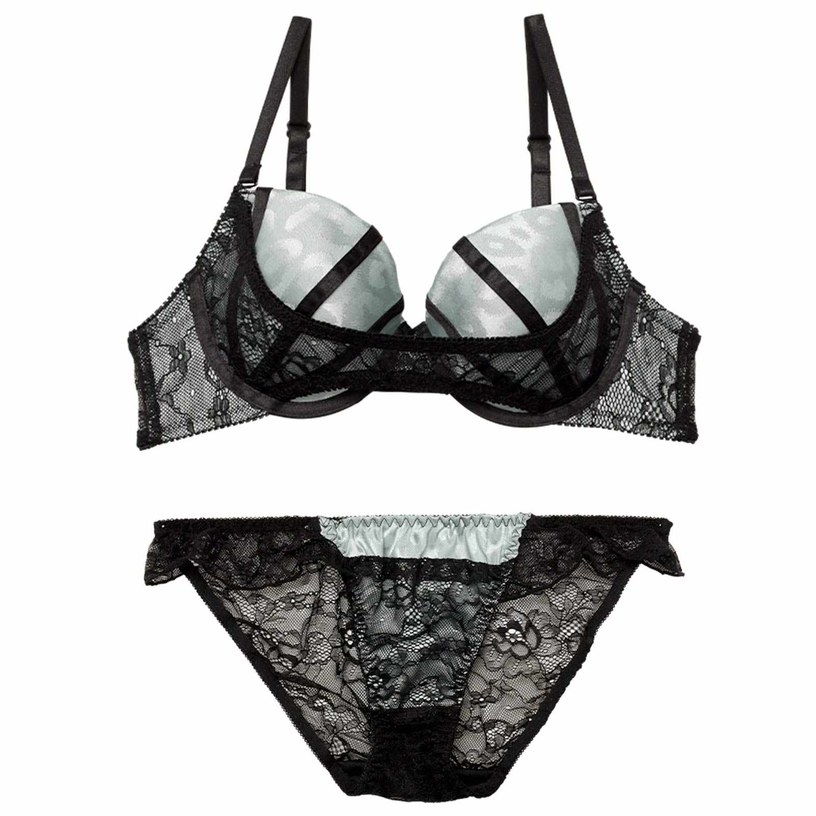 【EFサイズ】レオパードサテンライン育乳脇高ブラジャー&バック透けフルバックショーツ