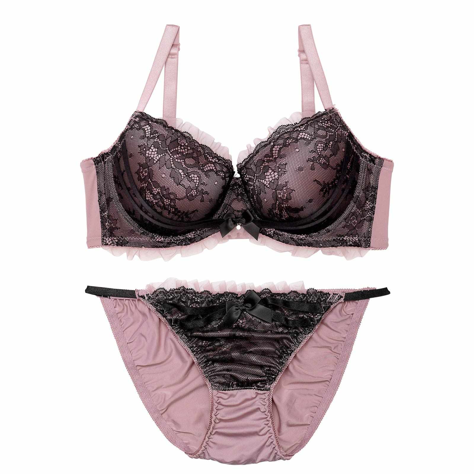 【EFサイズ】ダスティゴシックフリルチュール育乳脇高ブラジャー&フルバックショーツ