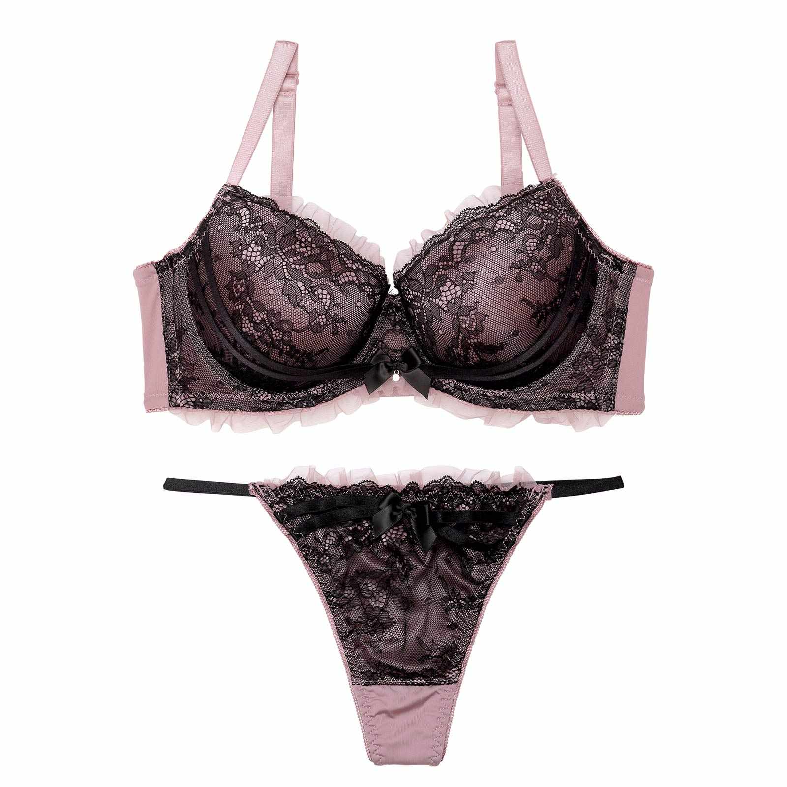 【EFサイズ】ダスティゴシックフリルチュール育乳脇高ブラジャー&Tバックショーツ