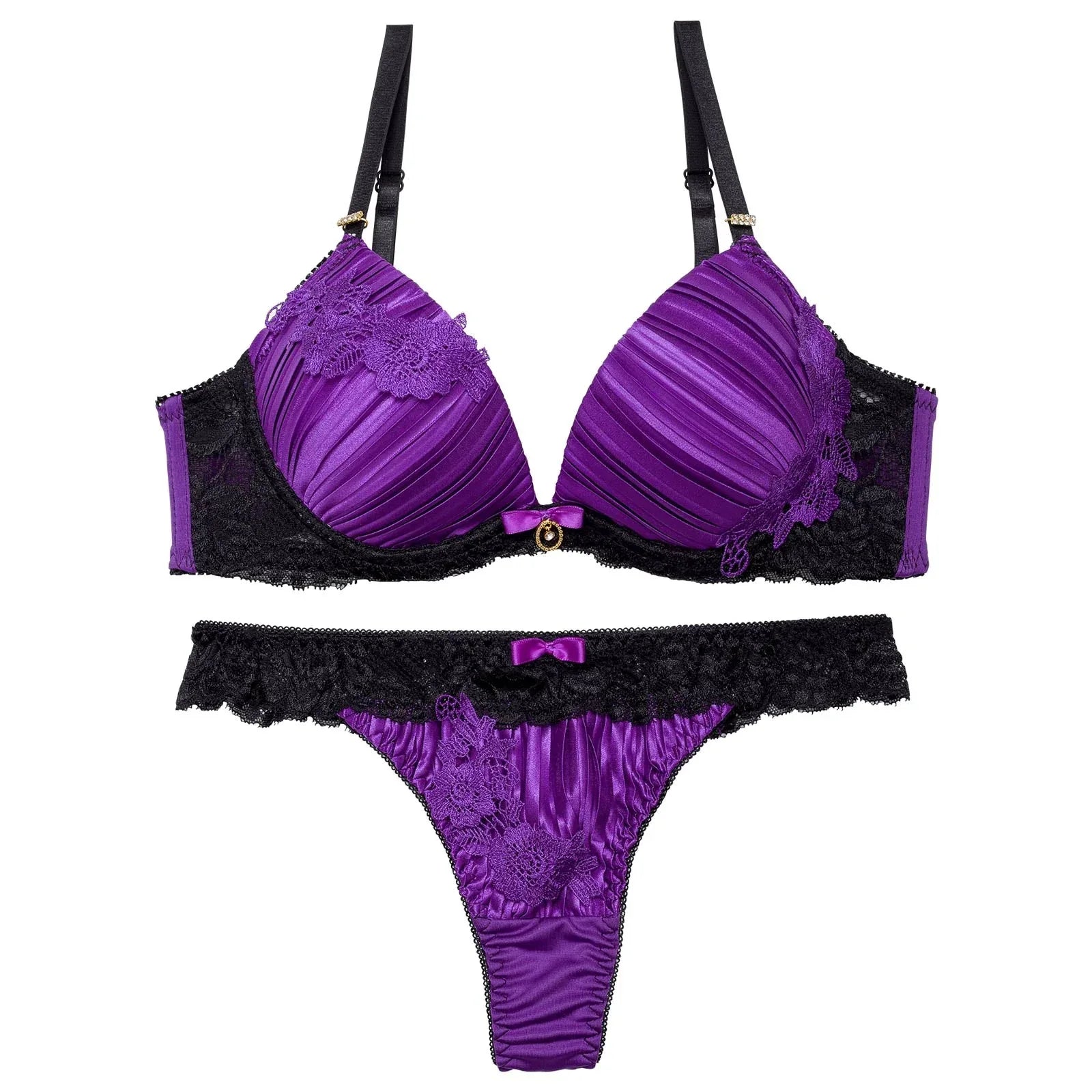 【EFサイズ】ジュエリーフラワープリーツブラジャー&Tバックショーツ - 【公式】247Lingerie