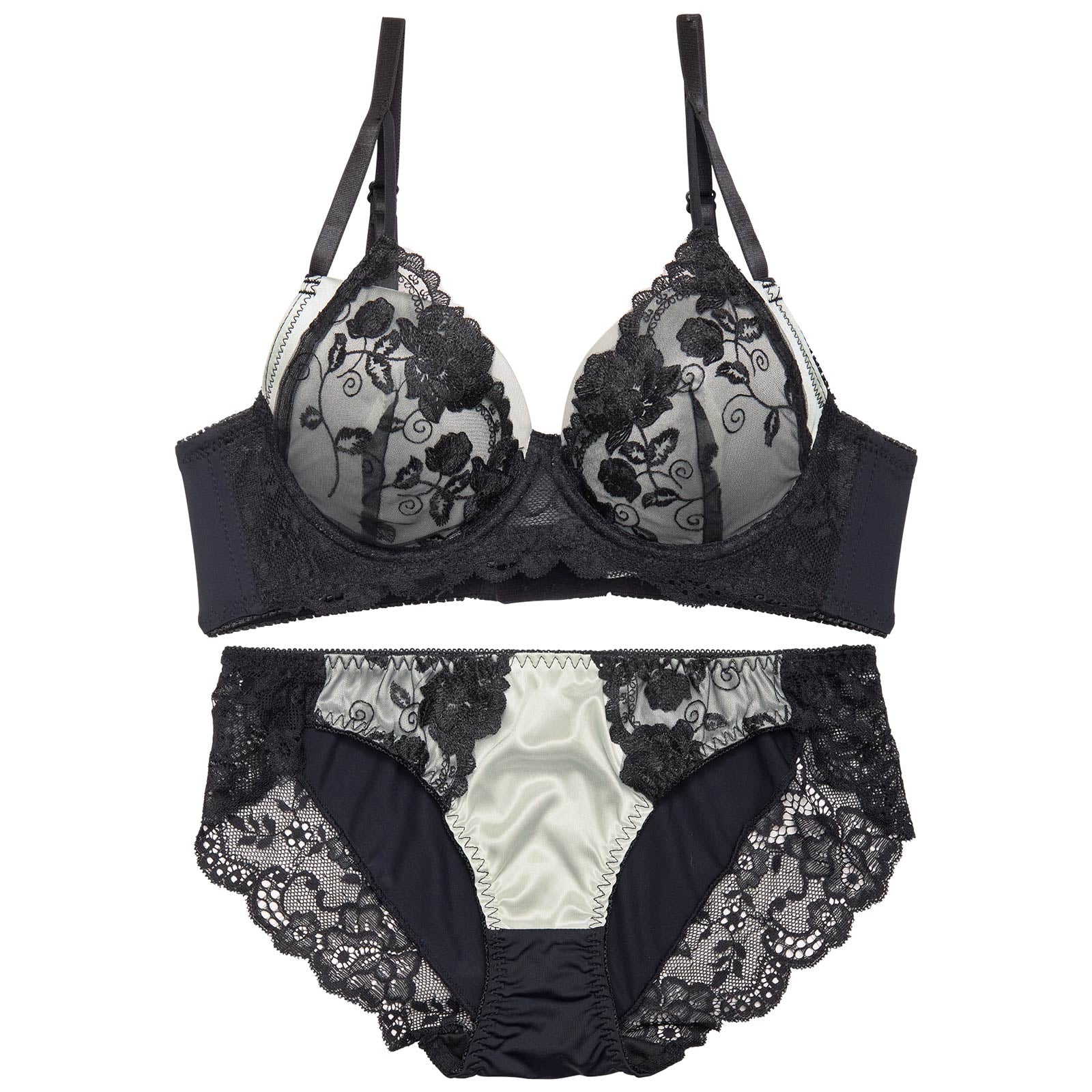 【ノンワイヤー】レーシィサテンローズ育乳脇高ブラジャー&フルバックショーツ