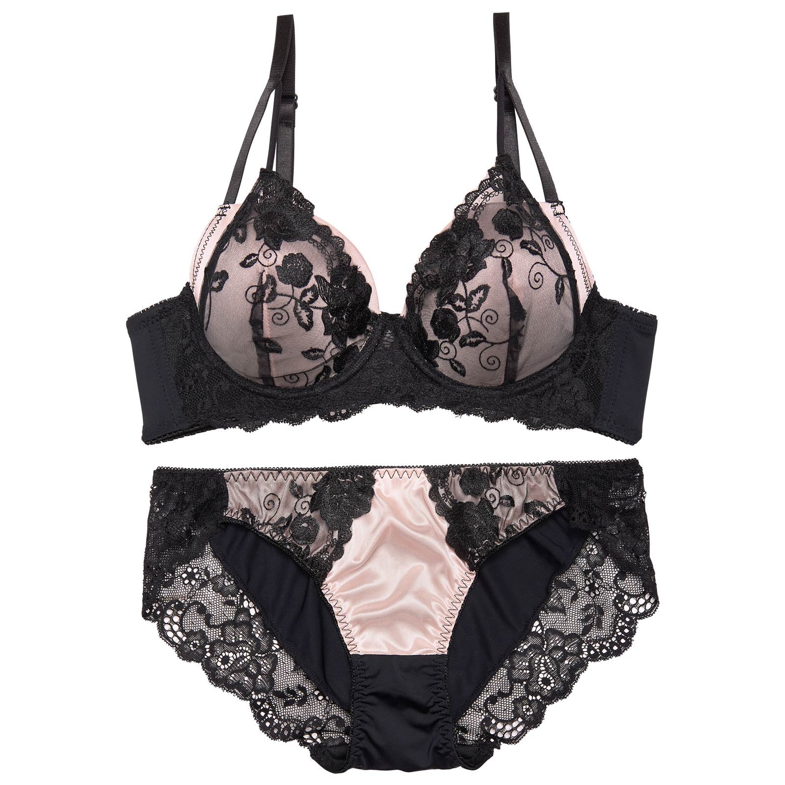 【ノンワイヤー】レーシィサテンローズ育乳脇高ブラジャー&フルバックショーツ