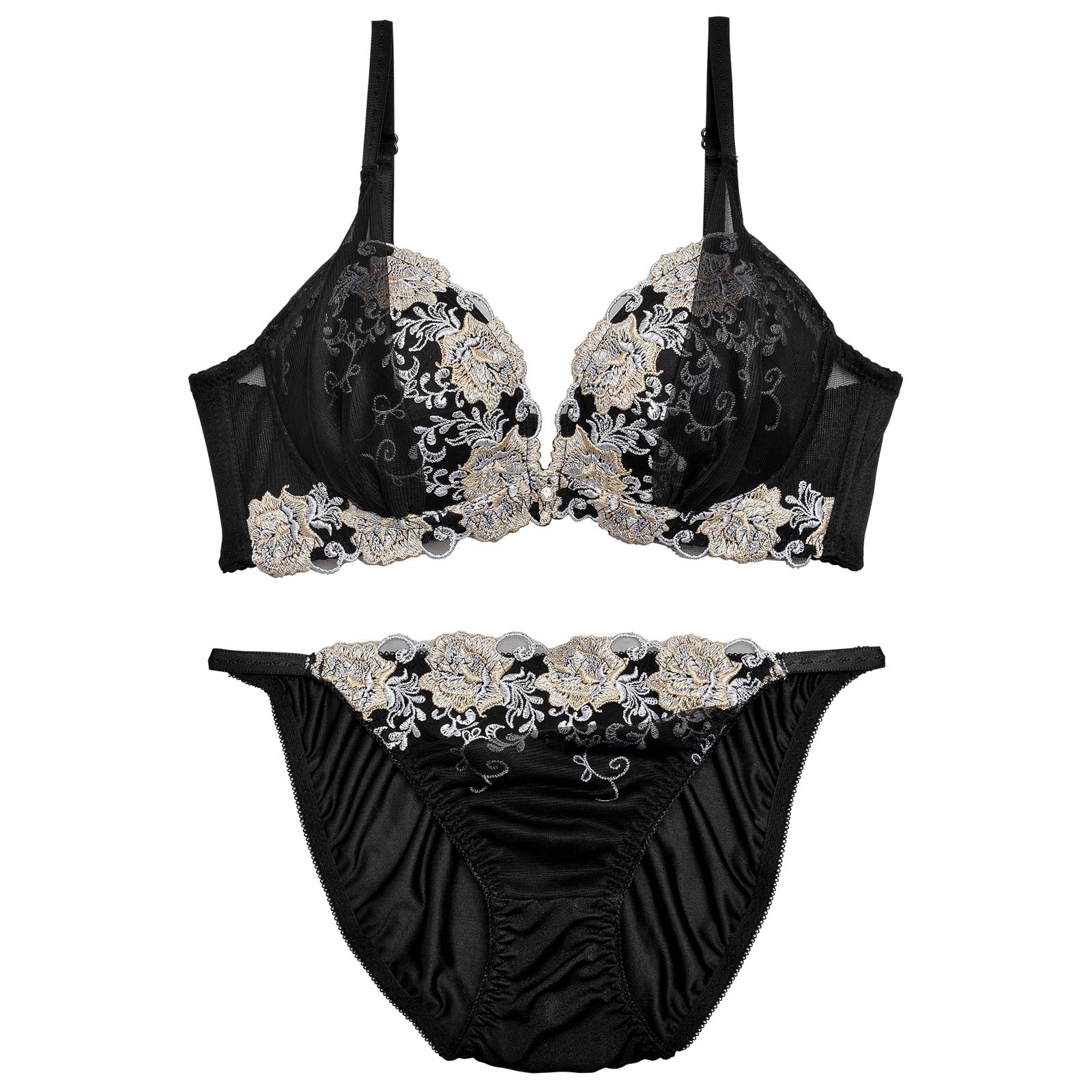 【三上悠亜着用】グロッシィフラワーエンブロイダリー育乳脇高ブラジャー&フルバックショーツ