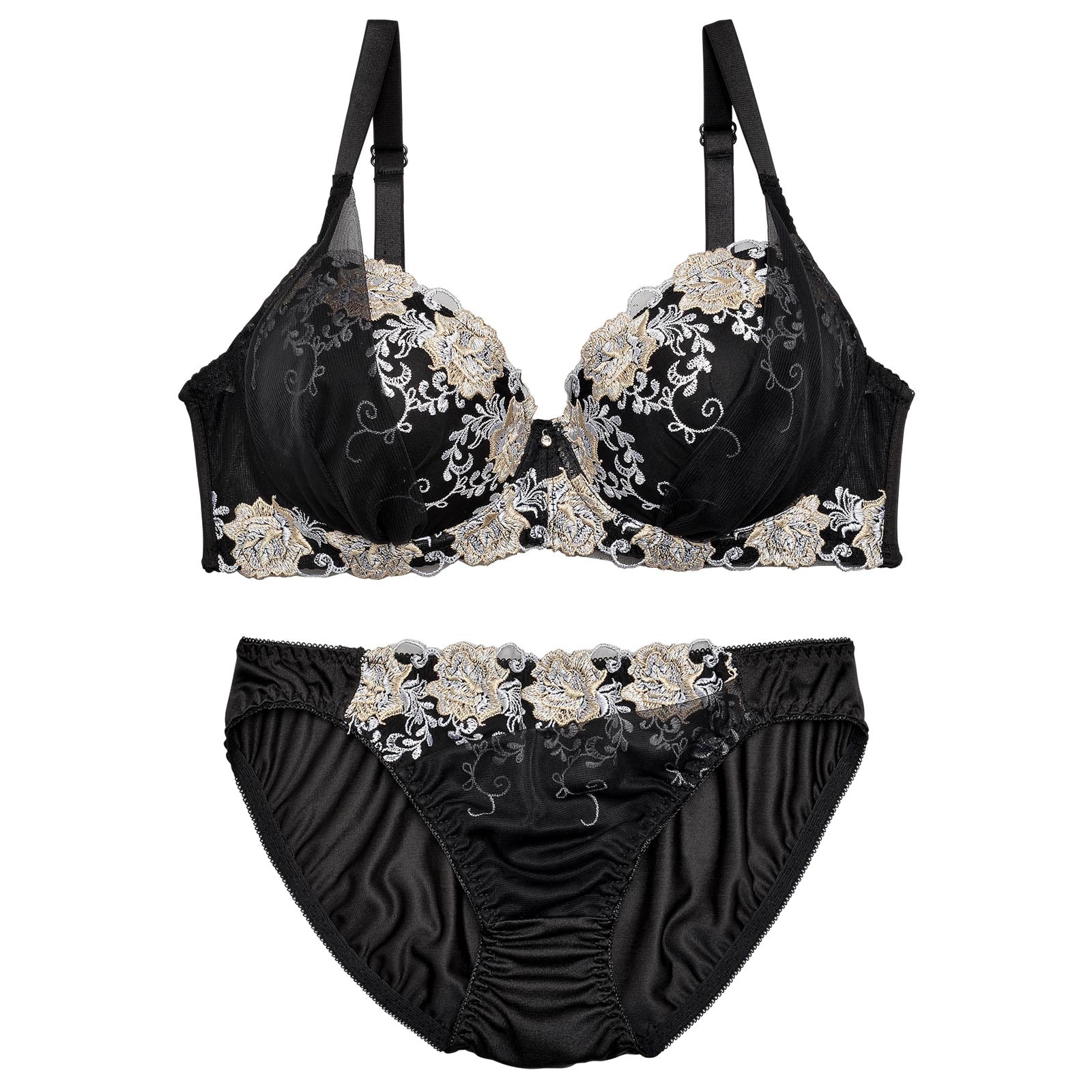 【EFサイズ】グロッシィフラワーエンブロイダリー育乳脇高ブラジャー&フルバックショーツ