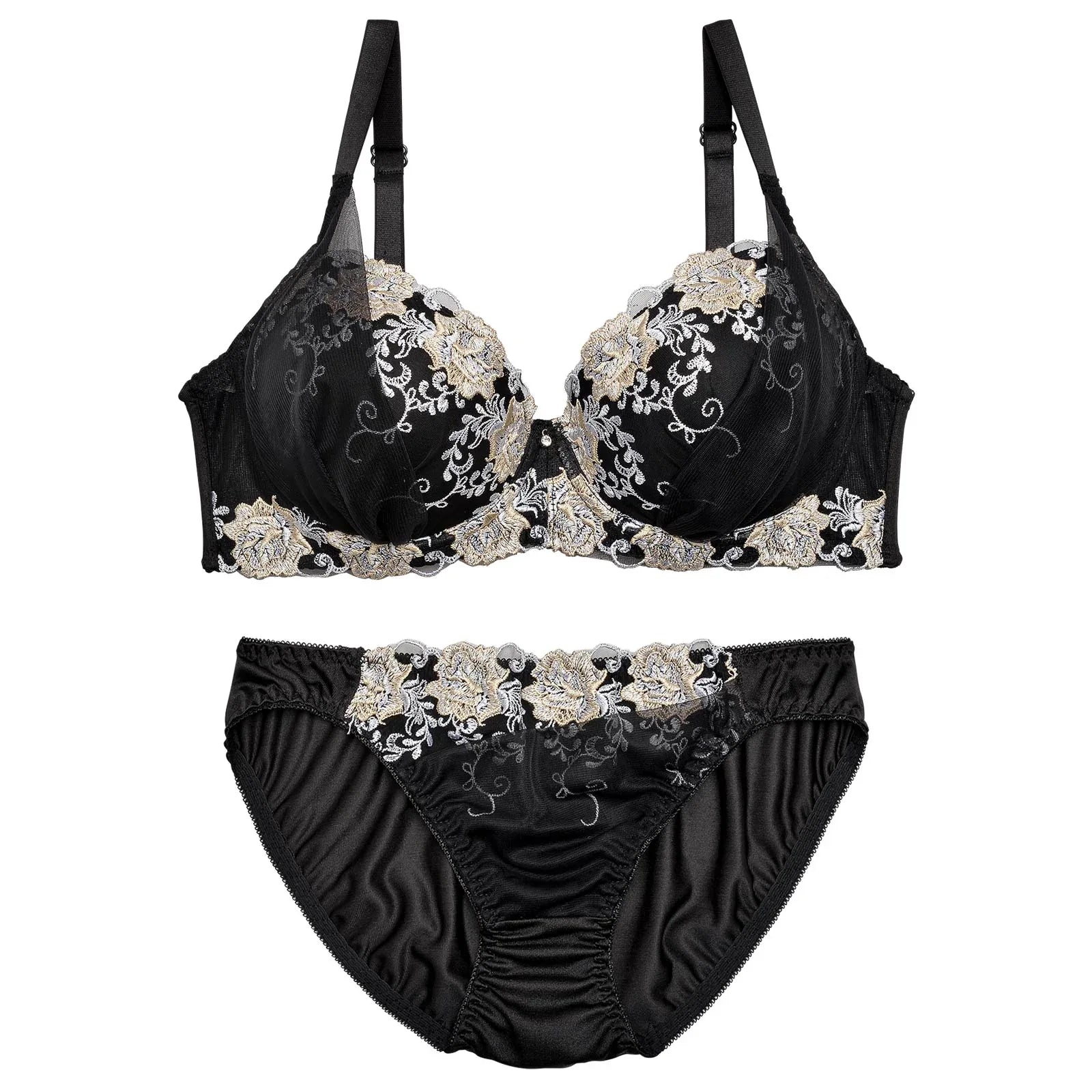 【EFサイズ】グロッシィフラワーエンブロイダリー育乳脇高ブラジャー&フルバックショーツ - 【公式】247Lingerie