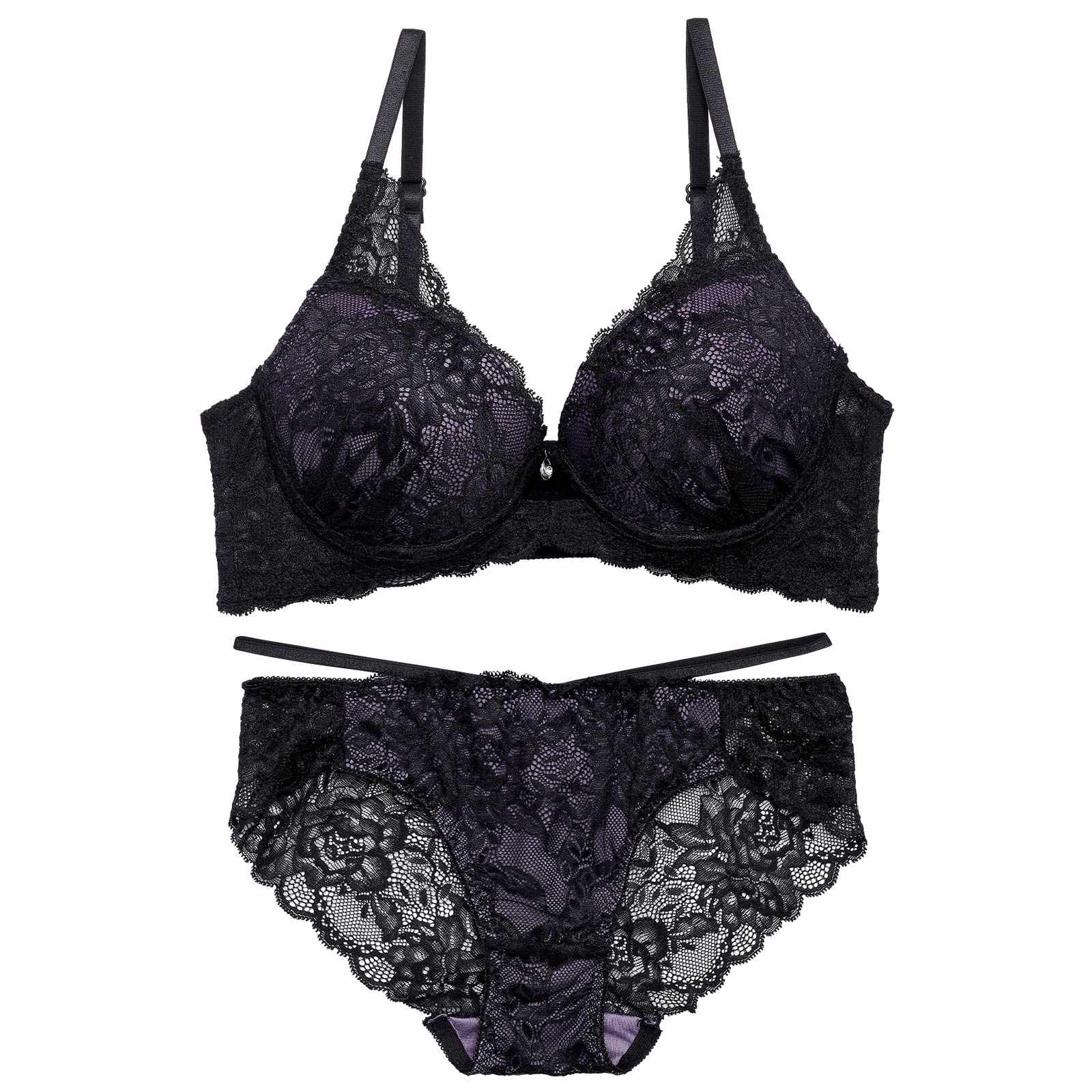 【EFサイズ】オールレースカットストリング育乳脇高ブラジャー&バック透けフルバックショーツ