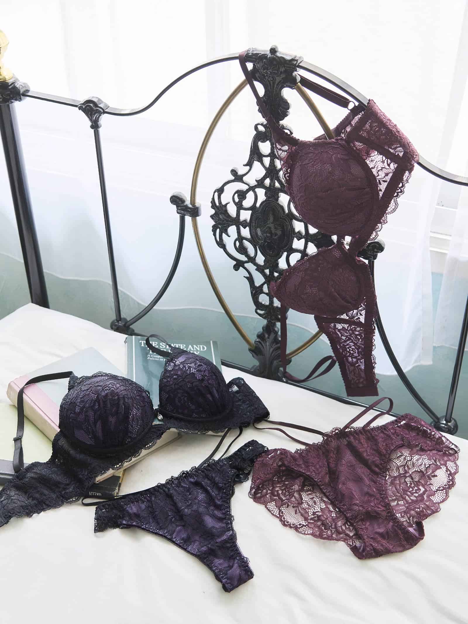 【EFサイズ】オールレースカットストリング育乳脇高ブラジャー&バック透けフルバックショーツ