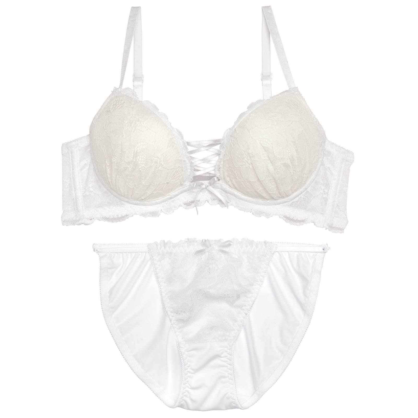 レースアップモノトーンフラワーブラジャー&フルバックショーツ