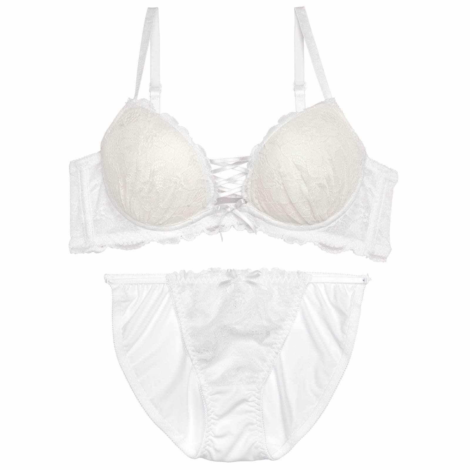 レースアップモノトーンフラワーブラジャー&フルバックショーツ - 【公式】247Lingerie