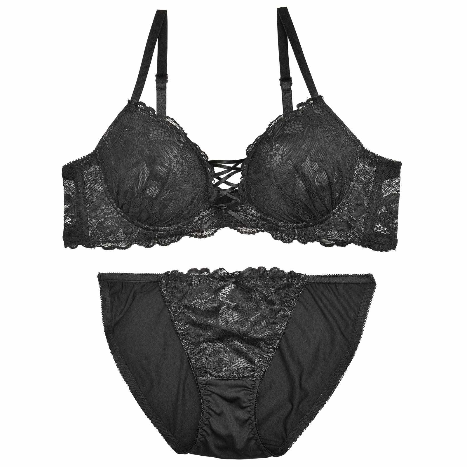 レースアップモノトーンフラワーブラジャー&フルバックショーツ