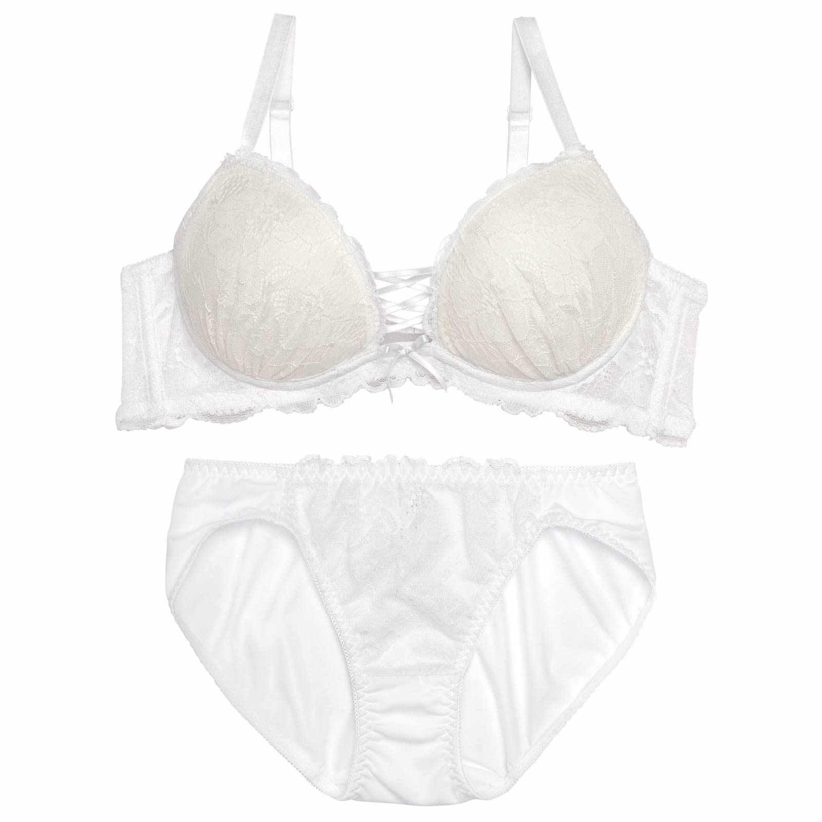 【EFサイズ】レースアップモノトーンフラワーブラジャー&フルバックショーツ - 【公式】247Lingerie