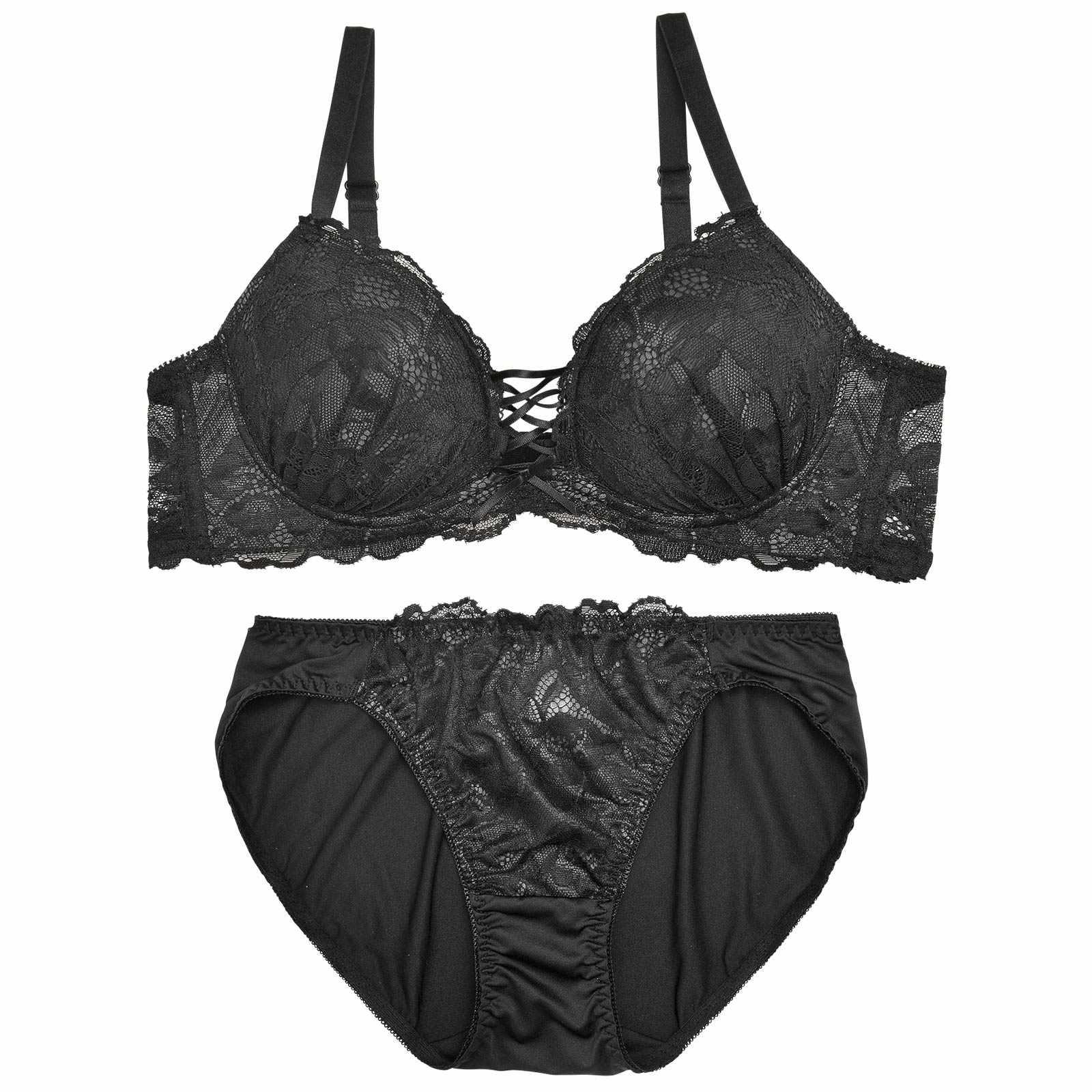 【EFサイズ】レースアップモノトーンフラワーブラジャー&フルバックショーツ - 【公式】247Lingerie