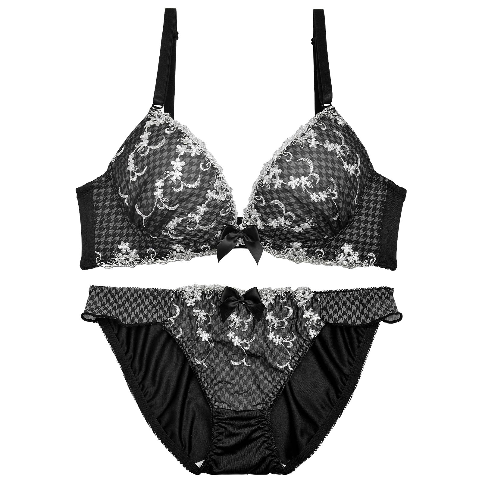 千鳥格子柄フルールブラジャー&フルバックショーツ