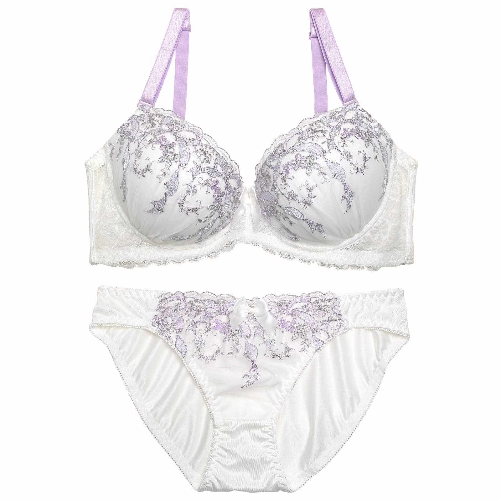 【EFサイズ】ロマンスリボンエンブロイダリーブラジャー&フルバックショーツ