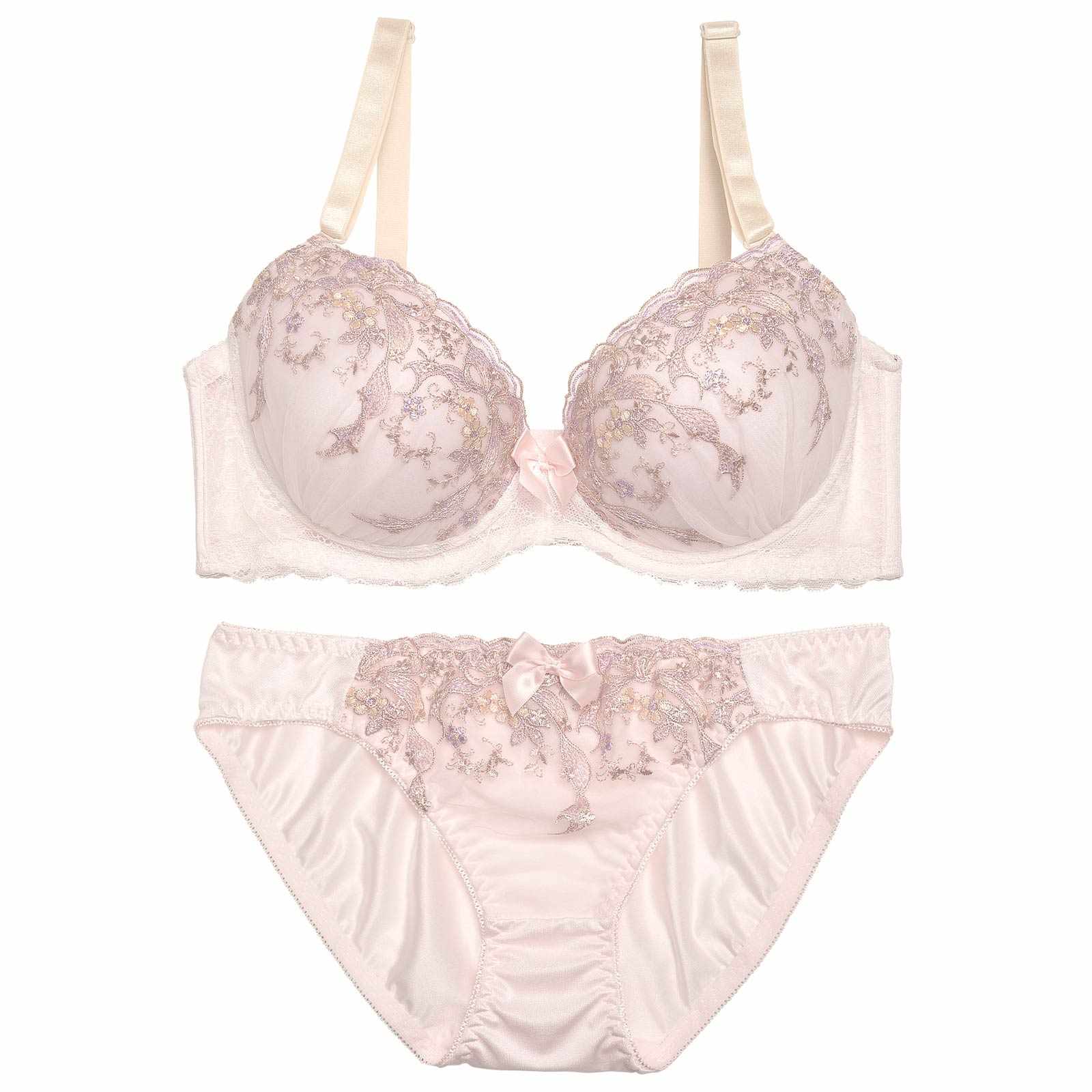 【EFサイズ】ロマンスリボンエンブロイダリーブラジャー&フルバックショーツ