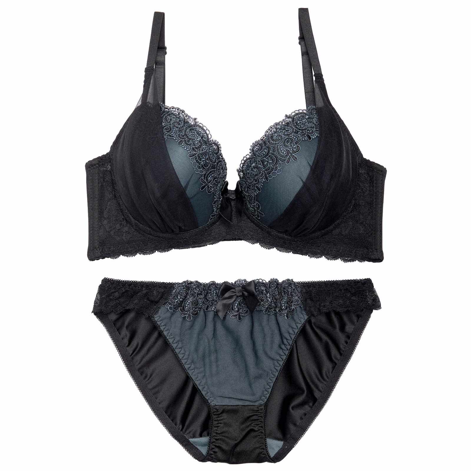 【かとゆり着用】ダークマットサテンチュール育乳脇高ブラジャー&フルバックショーツ