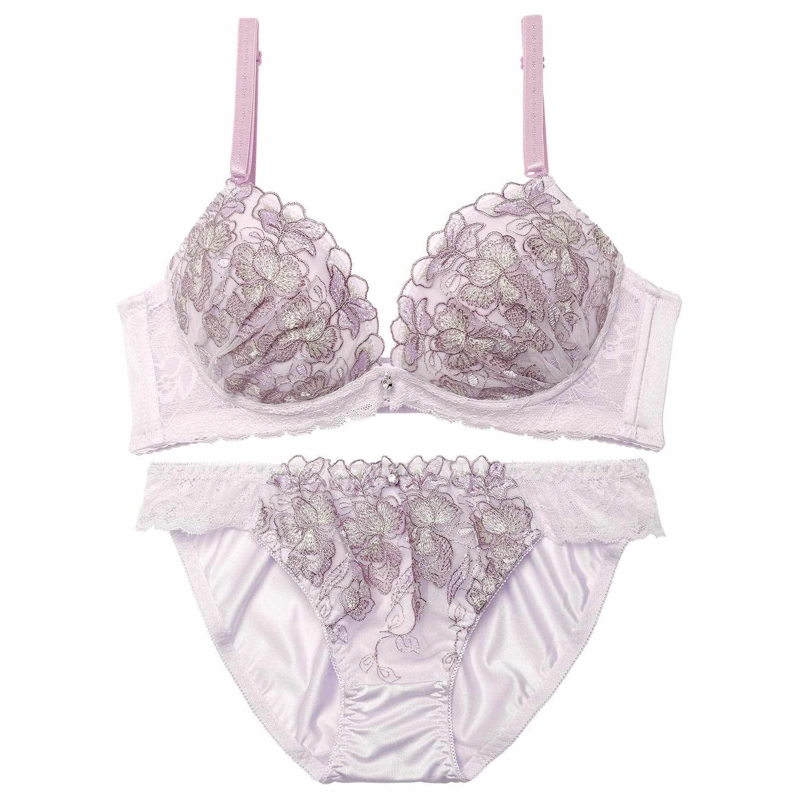 フェミニンレースフルール育乳脇高ブラジャー&フルバックショーツ