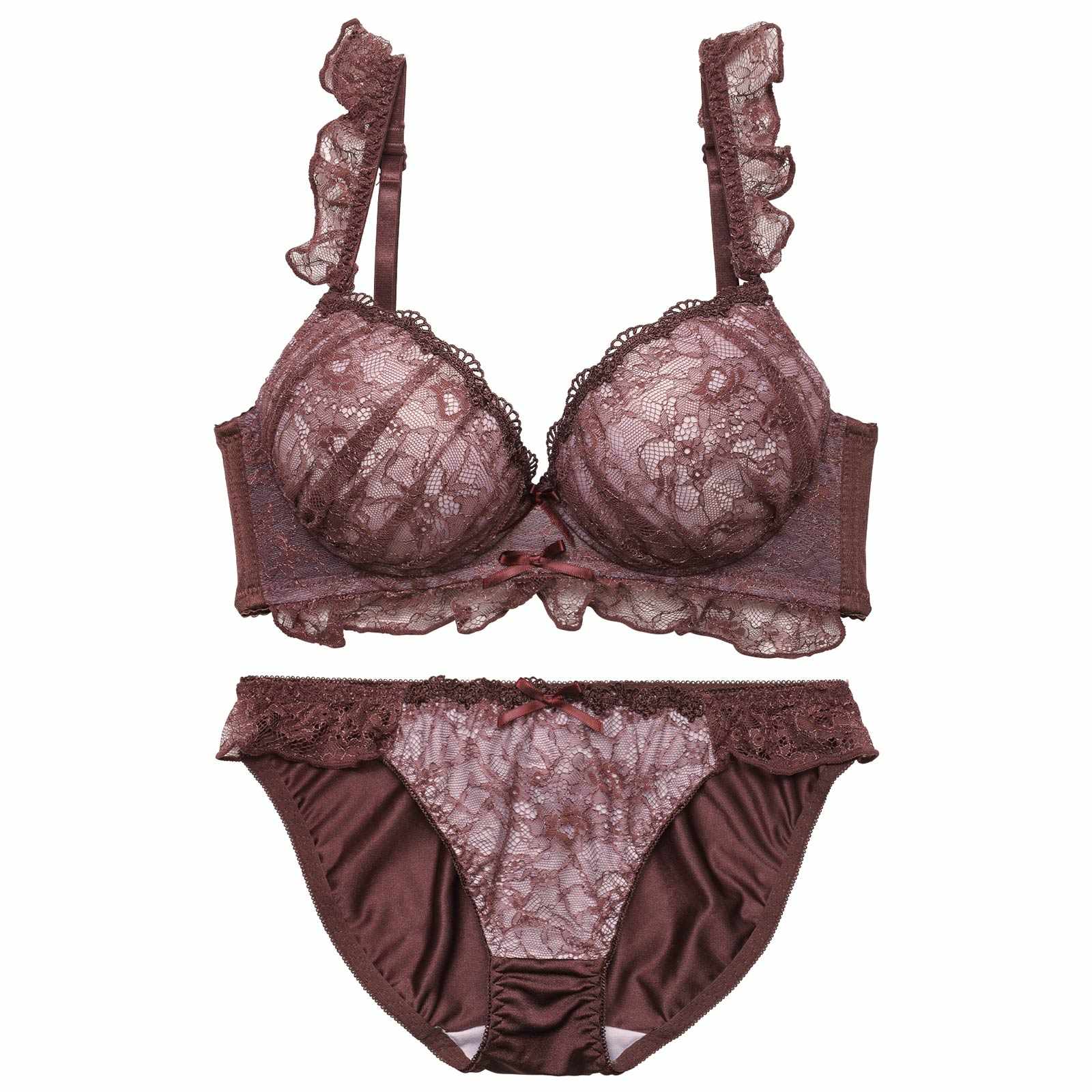 ディープフリルレーシィ育乳脇高ブラジャー&フルバックショーツ