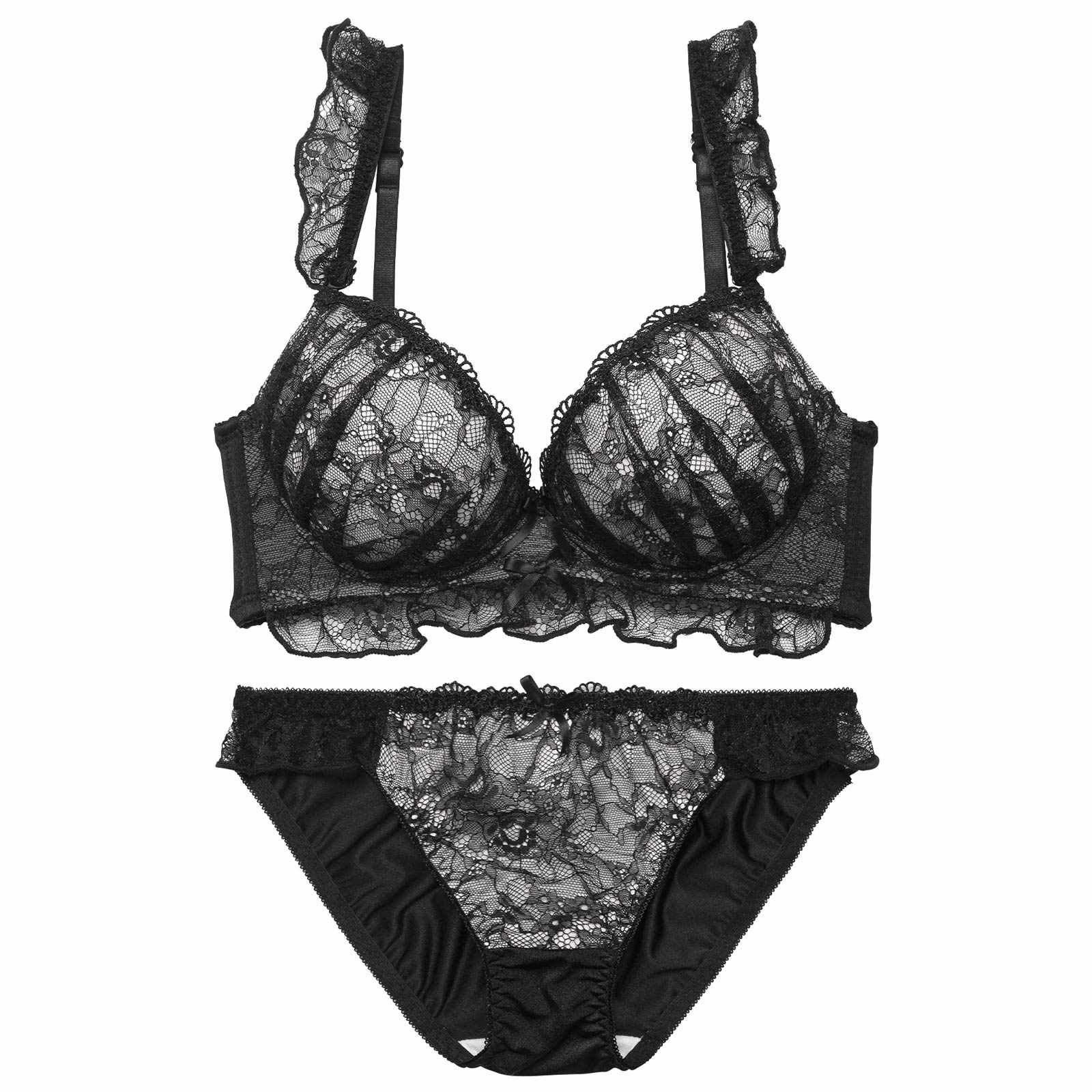 【EFサイズ】ディープフリルレーシィ育乳脇高ブラジャー&フルバックショーツ