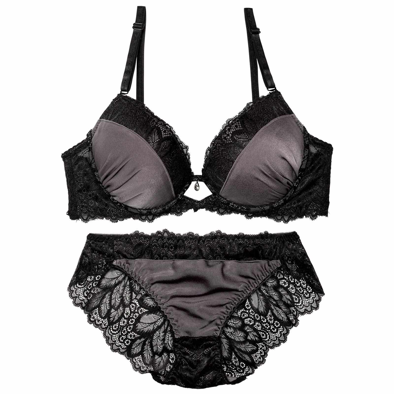 【EFサイズ】メロウレーシィマットサテンブラジャー&バック透けフルバックショーツ