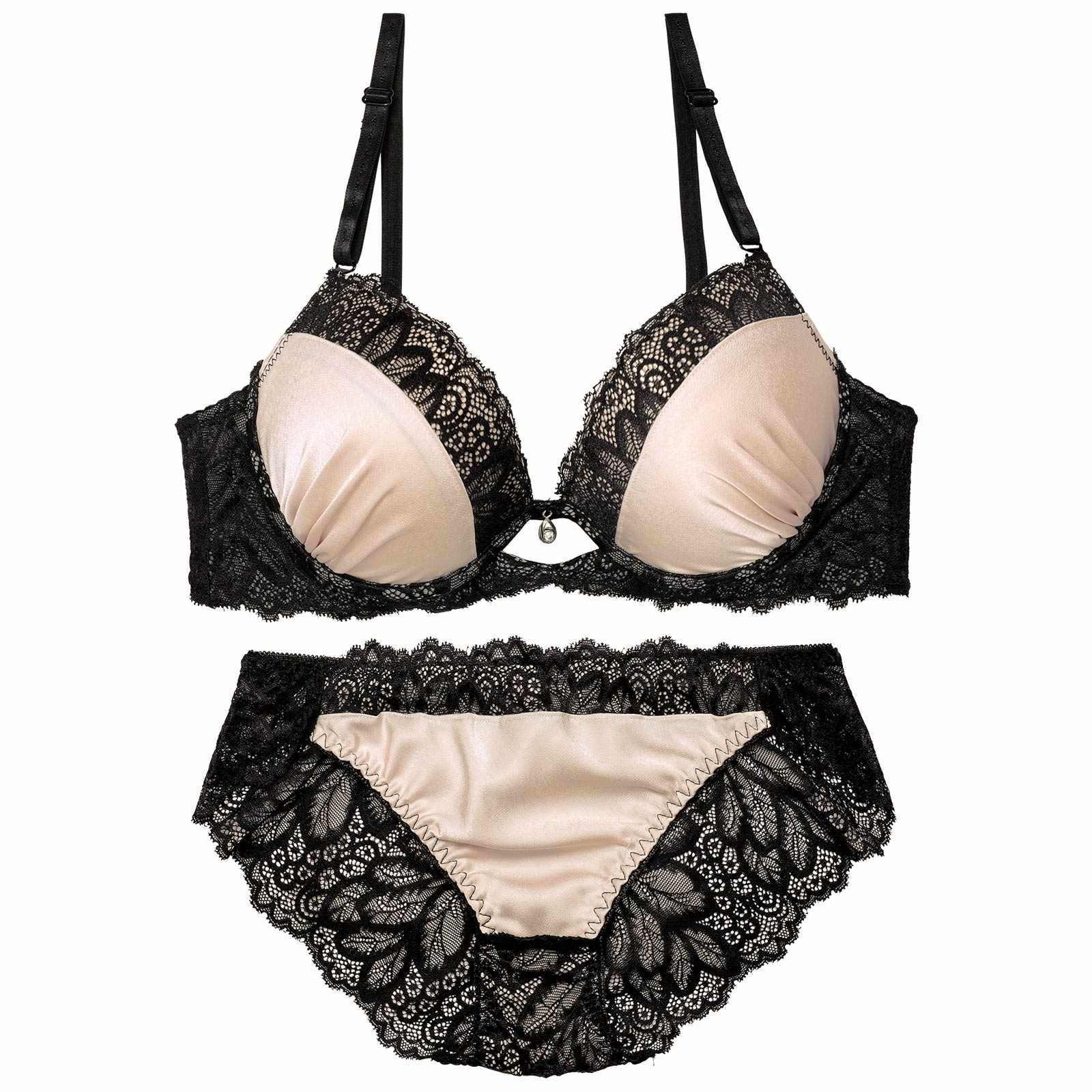 【EFサイズ】メロウレーシィマットサテンブラジャー&バック透けフルバックショーツ