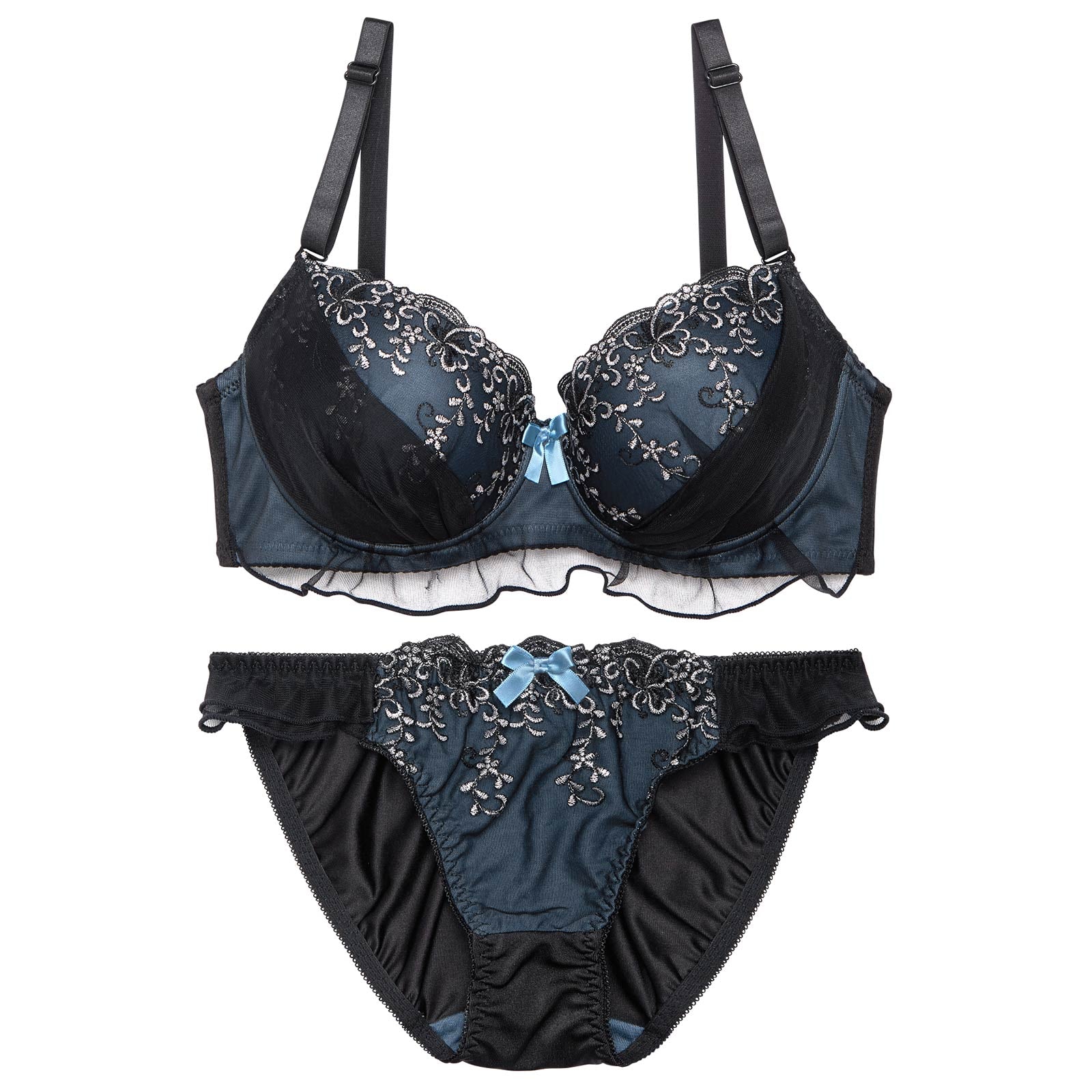 【かとゆり着用】【EFサイズ】トワイライトブルームフリルブラジャー&フルバックショーツ