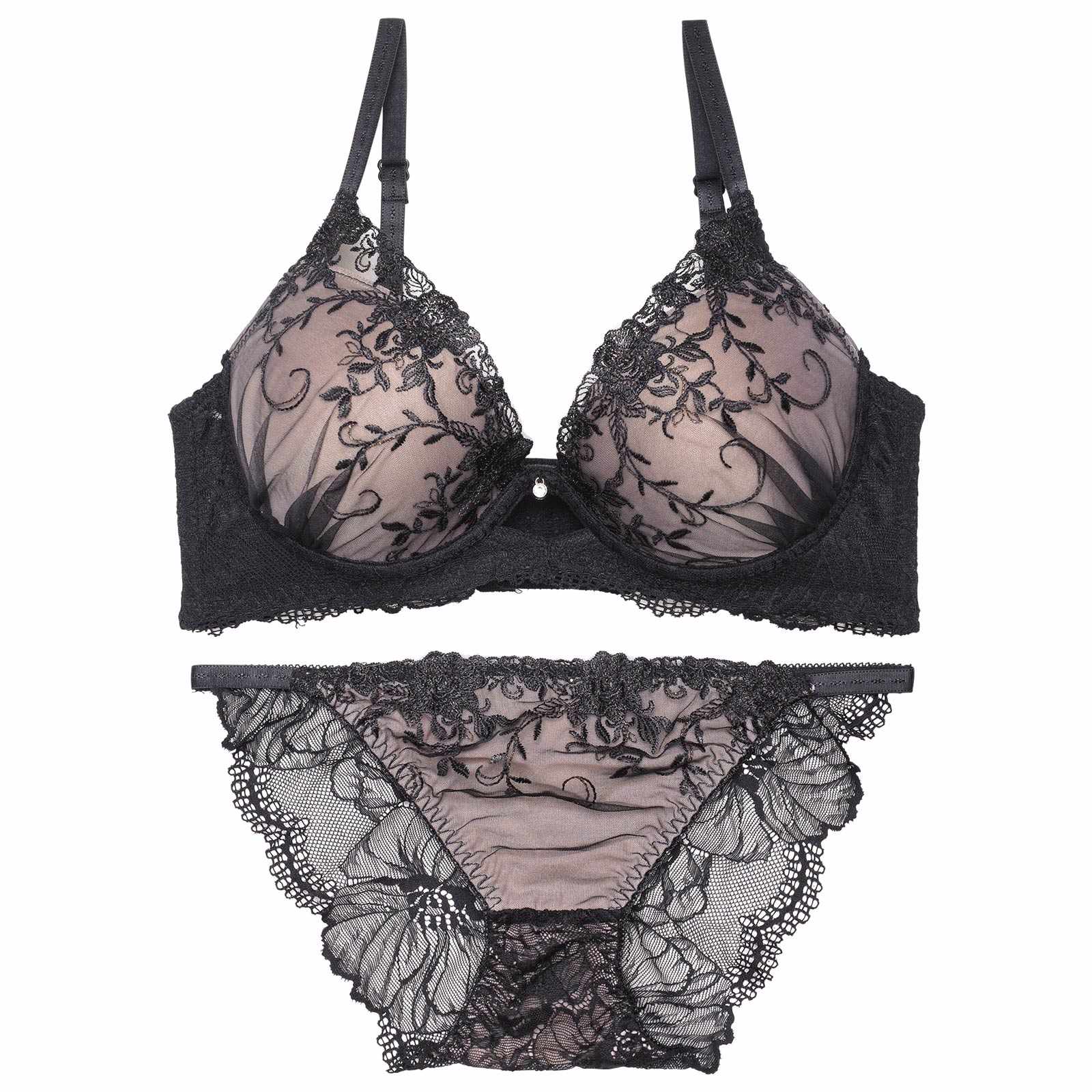 【三上悠亜着用】グリッターアイビーエンブロイダリー育乳脇高ブラジャー&バック透けフルバックショーツ