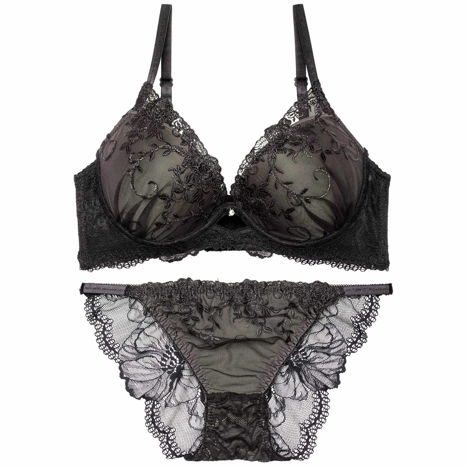 【三上悠亜着用】グリッターアイビーエンブロイダリー育乳脇高ブラジャー&バック透けフルバックショーツ - 【公式】247Lingerie