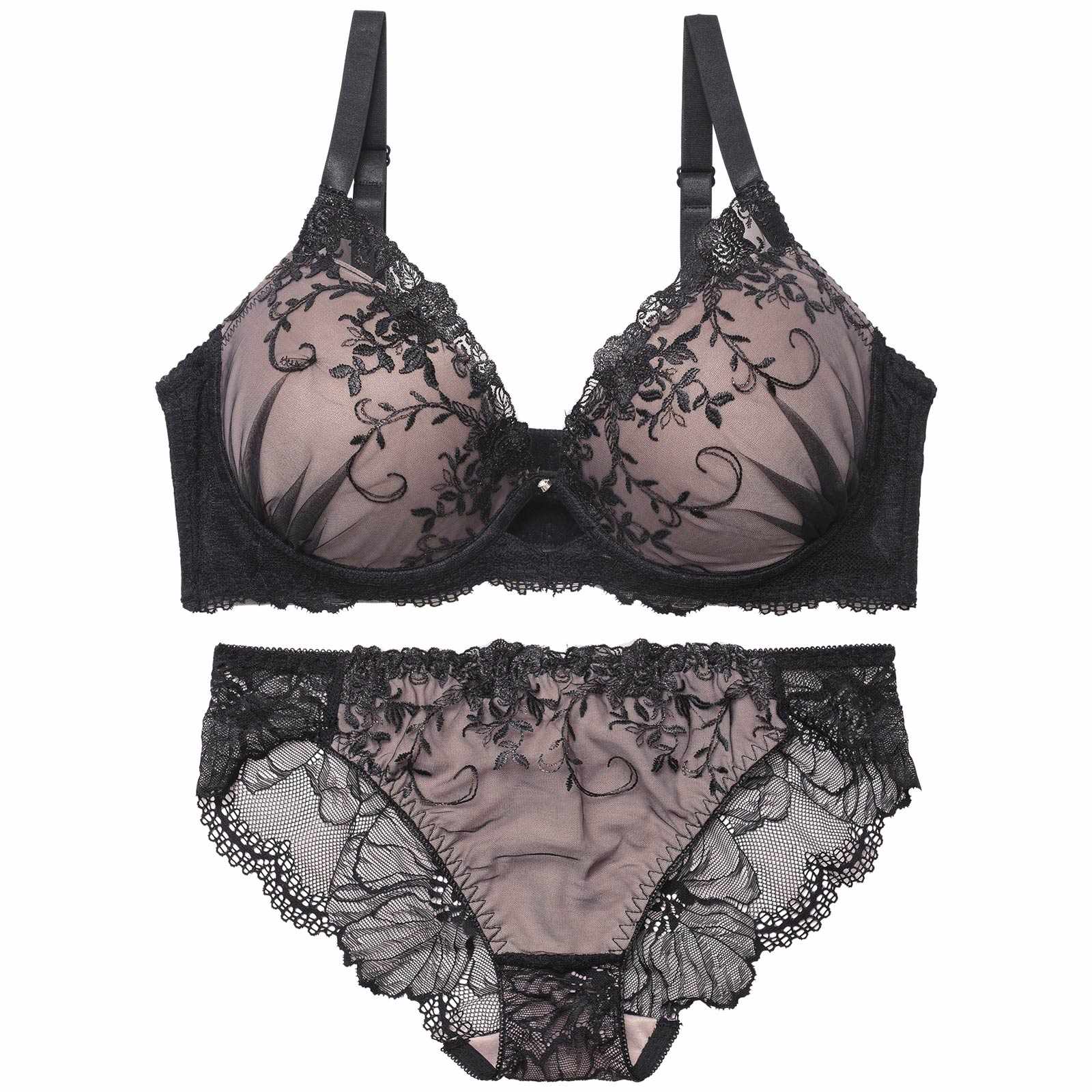 【EFサイズ】グリッターアイビーエンブロイダリー育乳脇高ブラジャー&バック透けフルバックショーツ