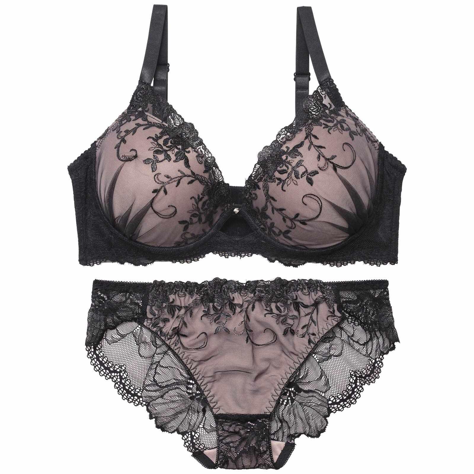 【EFサイズ】グリッターアイビーエンブロイダリー育乳脇高ブラジャー&バック透けフルバックショーツ - 【公式】247Lingerie