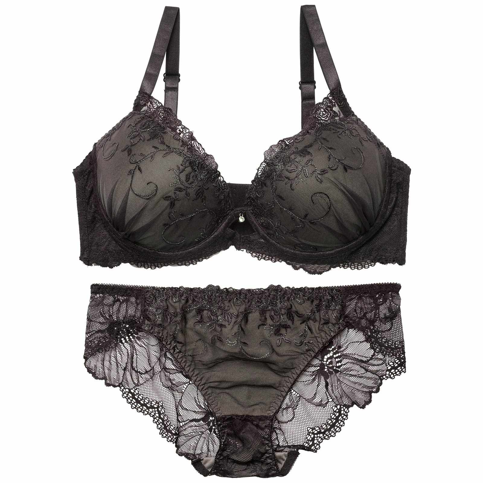 【EFサイズ】グリッターアイビーエンブロイダリー育乳脇高ブラジャー&バック透けフルバックショーツ