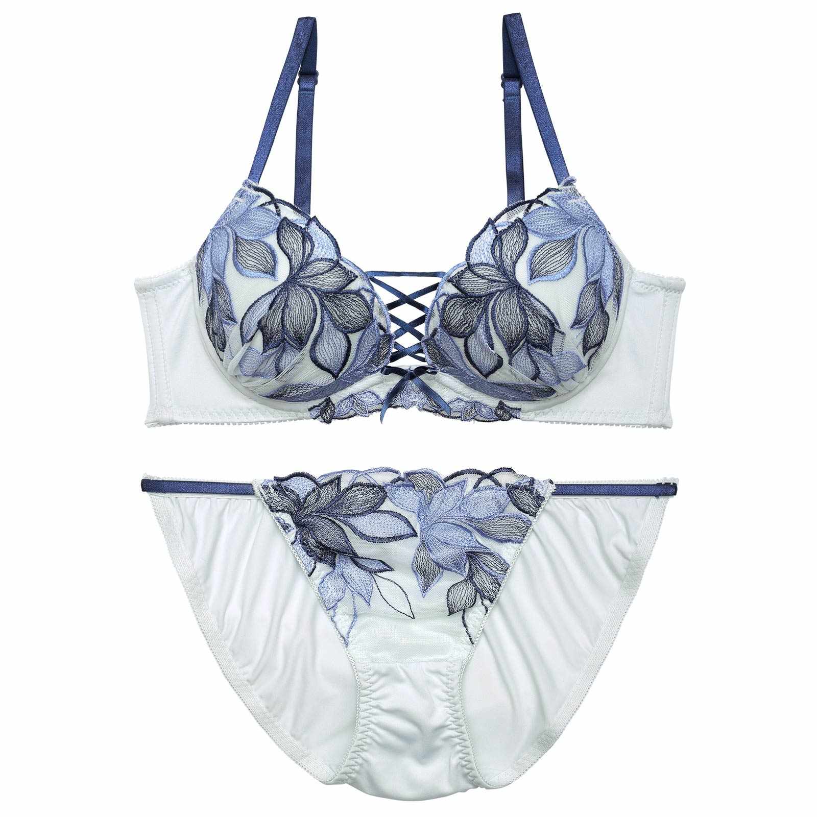 ボタニカルリボンレースアップ育乳脇高ブラジャー&フルバックショーツ