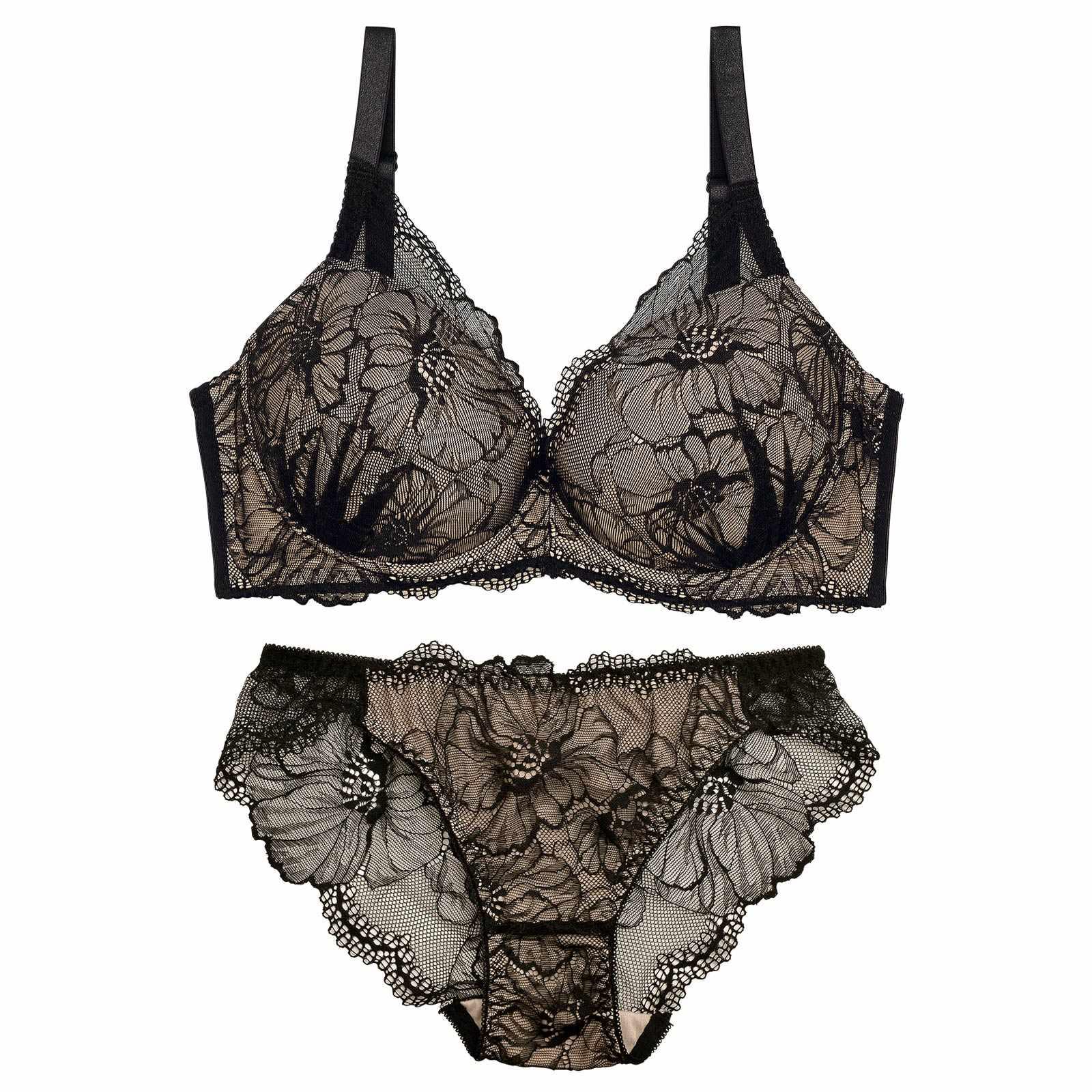 【三上悠亜着用】【EFサイズ】ラグジュアリーフラワーレース育乳脇高ブラジャー&バック透けフルバックショーツ