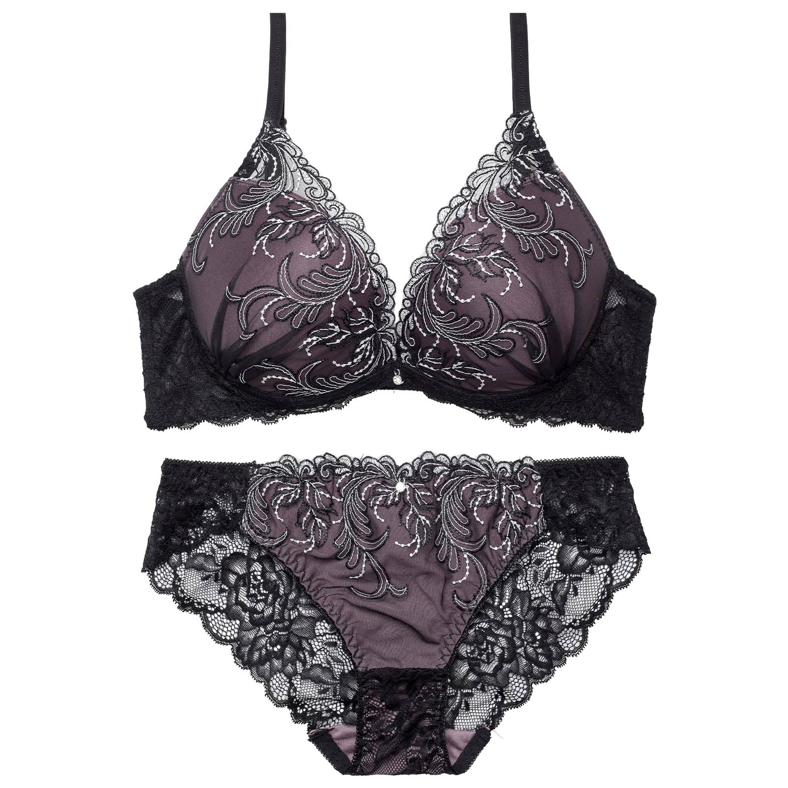 ボタニカルダスティーレースブラジャー&バック透けフルバックショーツ