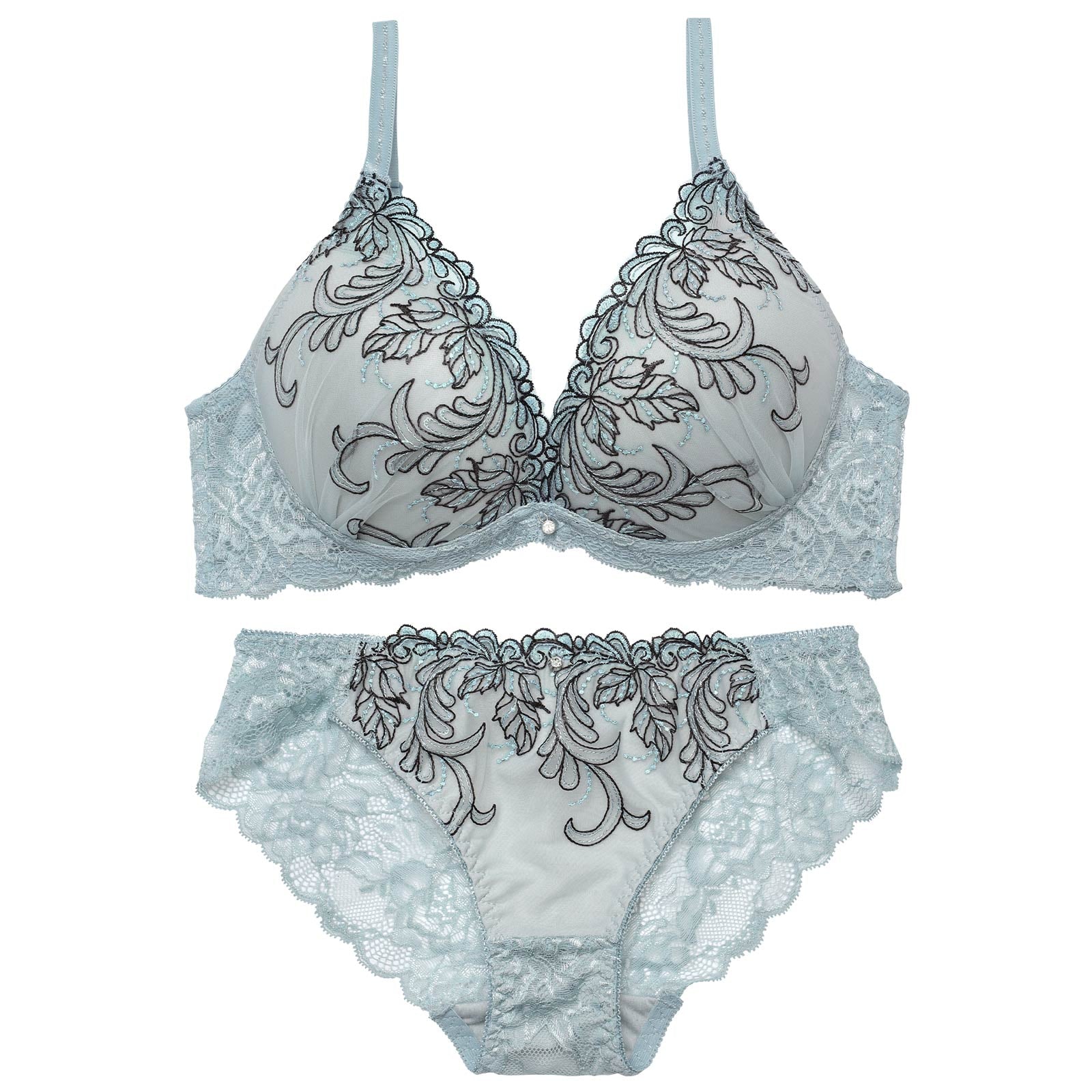 ボタニカルダスティーレースブラジャー&バック透けフルバックショーツ