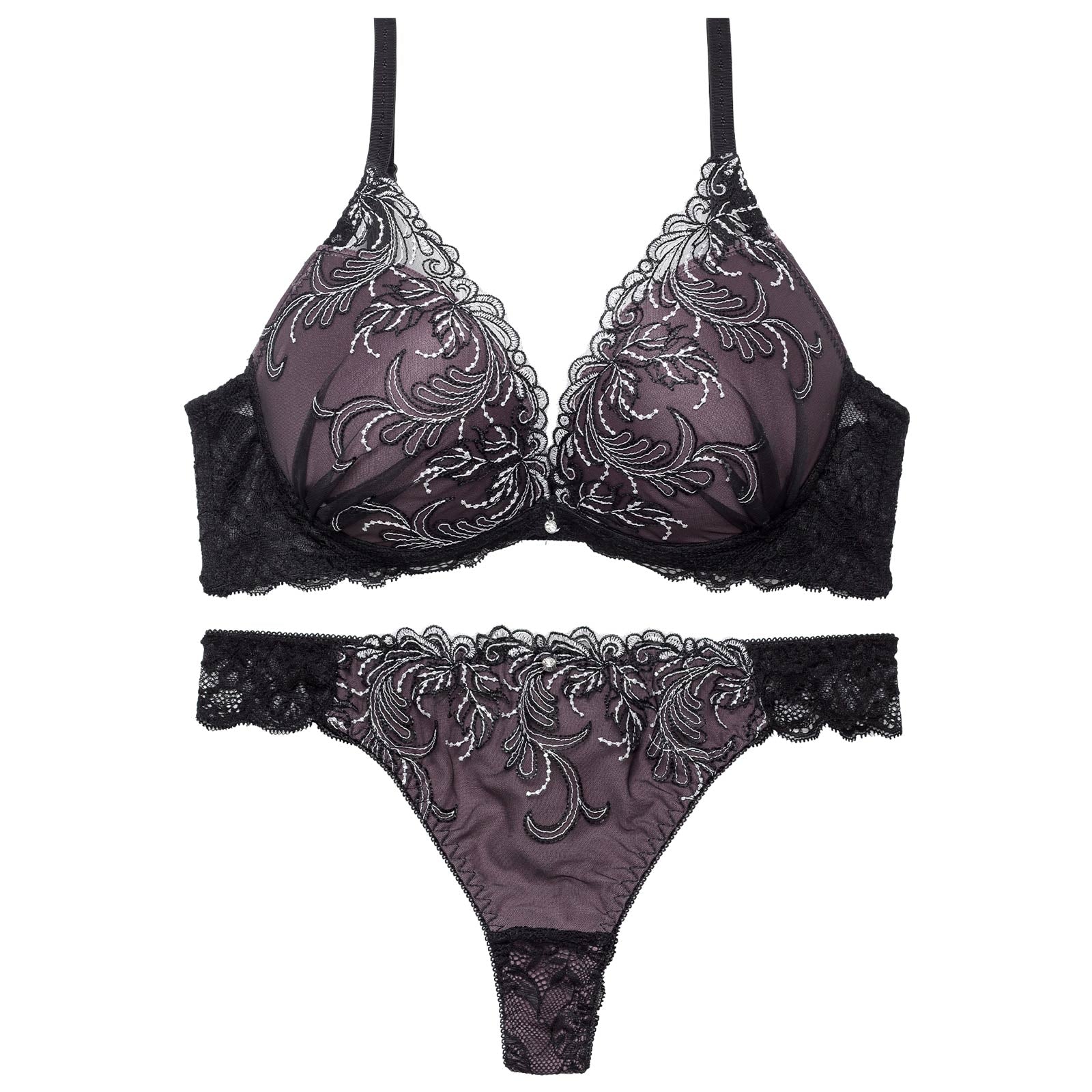 ボタニカルダスティーレースブラジャー&バック透けTバックショーツ