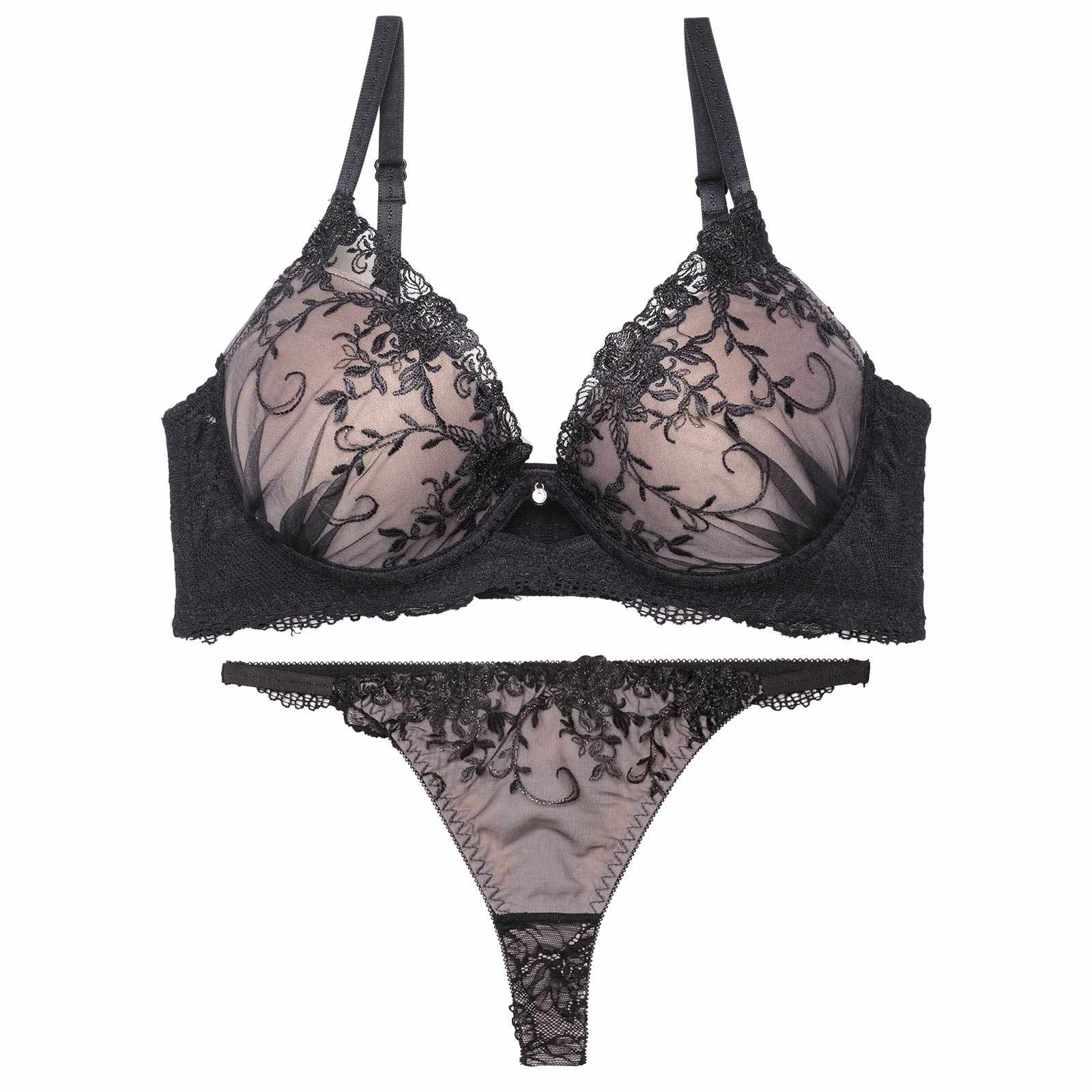 【三上悠亜着用】グリッターアイビーエンブロイダリー育乳脇高ブラジャー&バック透けTバックショーツ