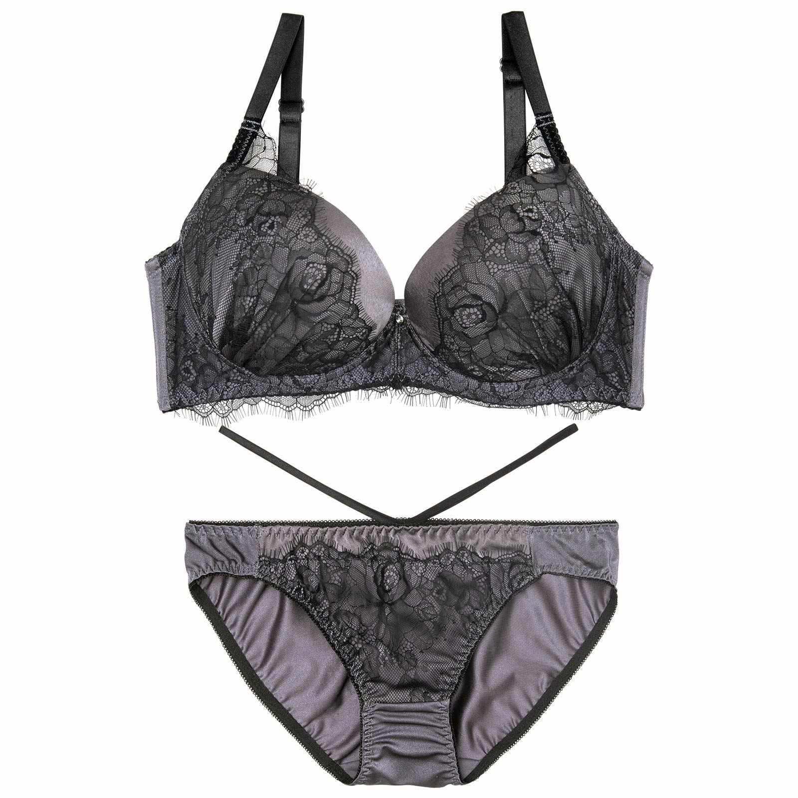 【EFサイズ】クラシックレーシーサテンブラジャー&フルバックショーツ