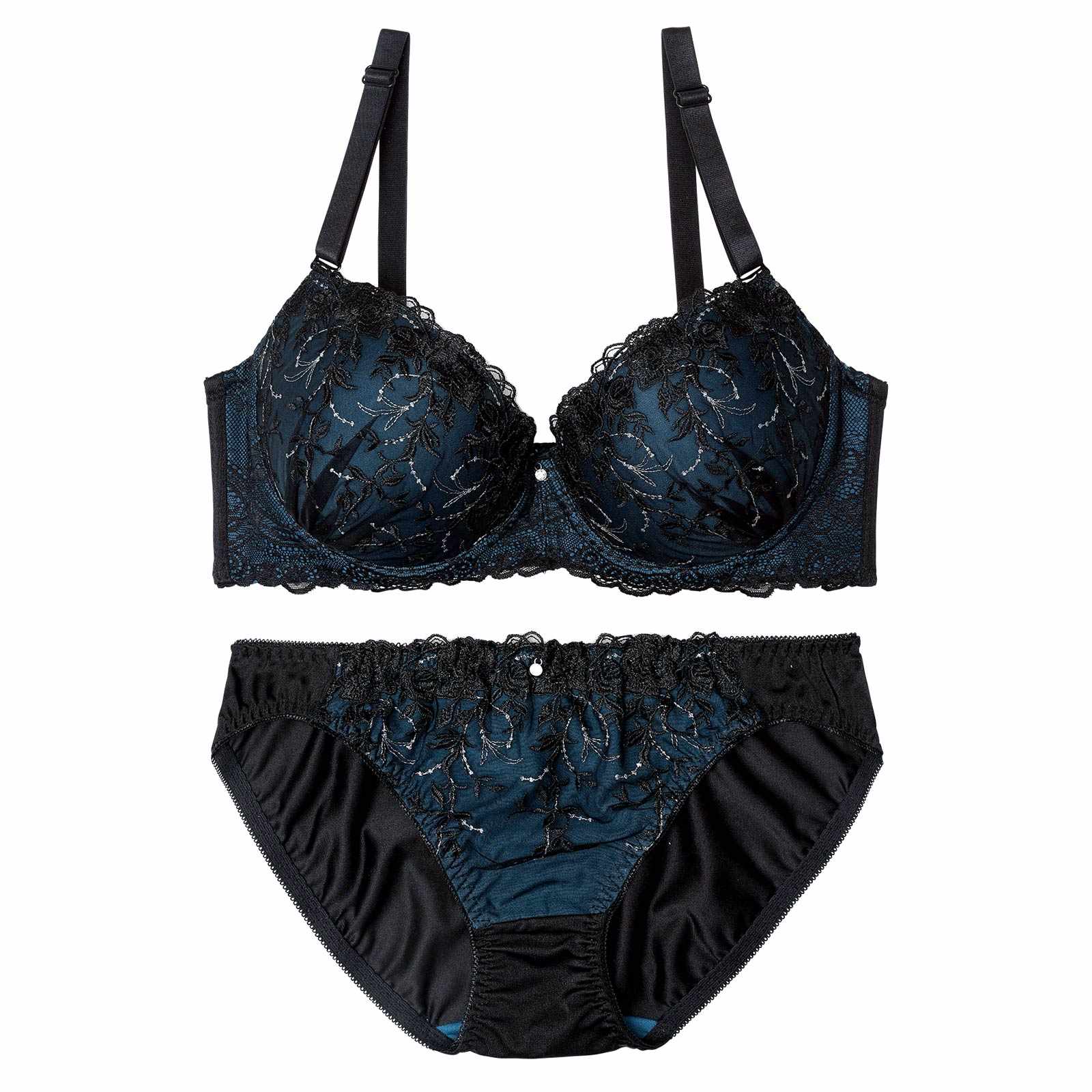 【EFサイズ】シャイニーダークブルームブラジャー&フルバックショーツ